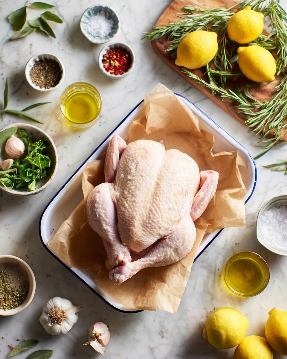 A raw whole chicken lies centered on a sheet of light brown parchment paper inside a white enamel tray with a blue rim; the chicken's skin is pale with slight pink tones, and the legs and wings are spread naturally. Around the tray, a white marbled surface holds various ingredients: three yellow lemon halves arranged on a wooden cutting board decorated with green sprigs of herbs; small white bowls with fresh green herbs, whole garlic cloves, and red chili flakes; a small bowl with coarse white salt; a small glass bowl with ground black pepper; a small glass with golden olive oil; a small light brown bowl with yellow mustard; two whole bright yellow lemons at the bottom corner; and a bulb of garlic with some loose cloves scattered nearby. The overall scene is well-lit with soft shadows, giving a fresh and clean cooking vibe. photo taken with an iphone --ar 4:5 --v 7