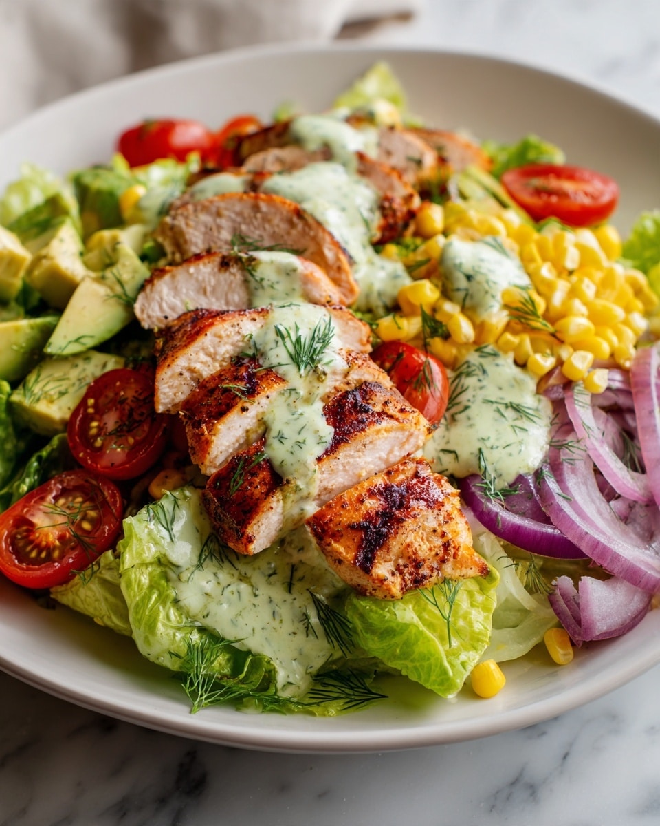 The image shows a white plate with a fresh salad on a white marbled surface. The salad has several layers: a base of green lettuce leaves, followed by slices of grilled chicken with a light brown char on the edges laid on one side. Scattered across the salad are bright red cherry tomato halves and thin slices of purple onion. There is also yellow corn sprinkled around and chunks of green avocado. The whole salad is topped with a creamy greenish-yellow dressing with dill herbs visible on it. photo taken with an iphone --ar 4:5 --v 7