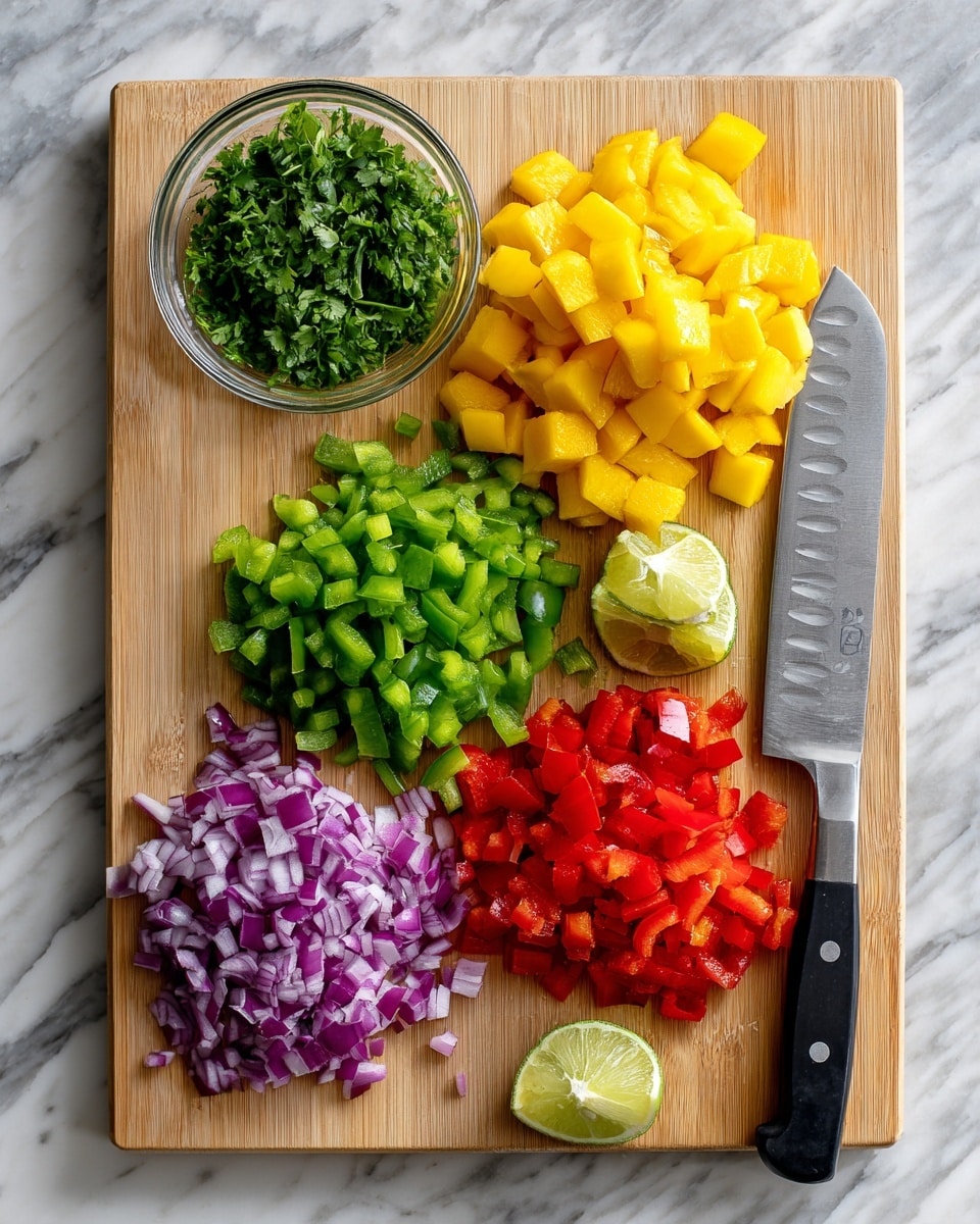 A light wooden cutting board on a white marbled surface holds five groups of chopped ingredients arranged in separate piles: bright yellow mango pieces in the top right corner, small green bell pepper pieces below the mango, red bell pepper pieces to the bottom left of the green bell pepper, finely chopped purple onion below the red bell peppers, and two halves of a fresh lime placed near the bottom left corner. At the top left, a small clear glass bowl filled with fresh green chopped cilantro rests. A large chef's knife with a silver blade and black handle lies diagonally on the right side of the board. photo taken with an iphone --ar 4:5 --v 7