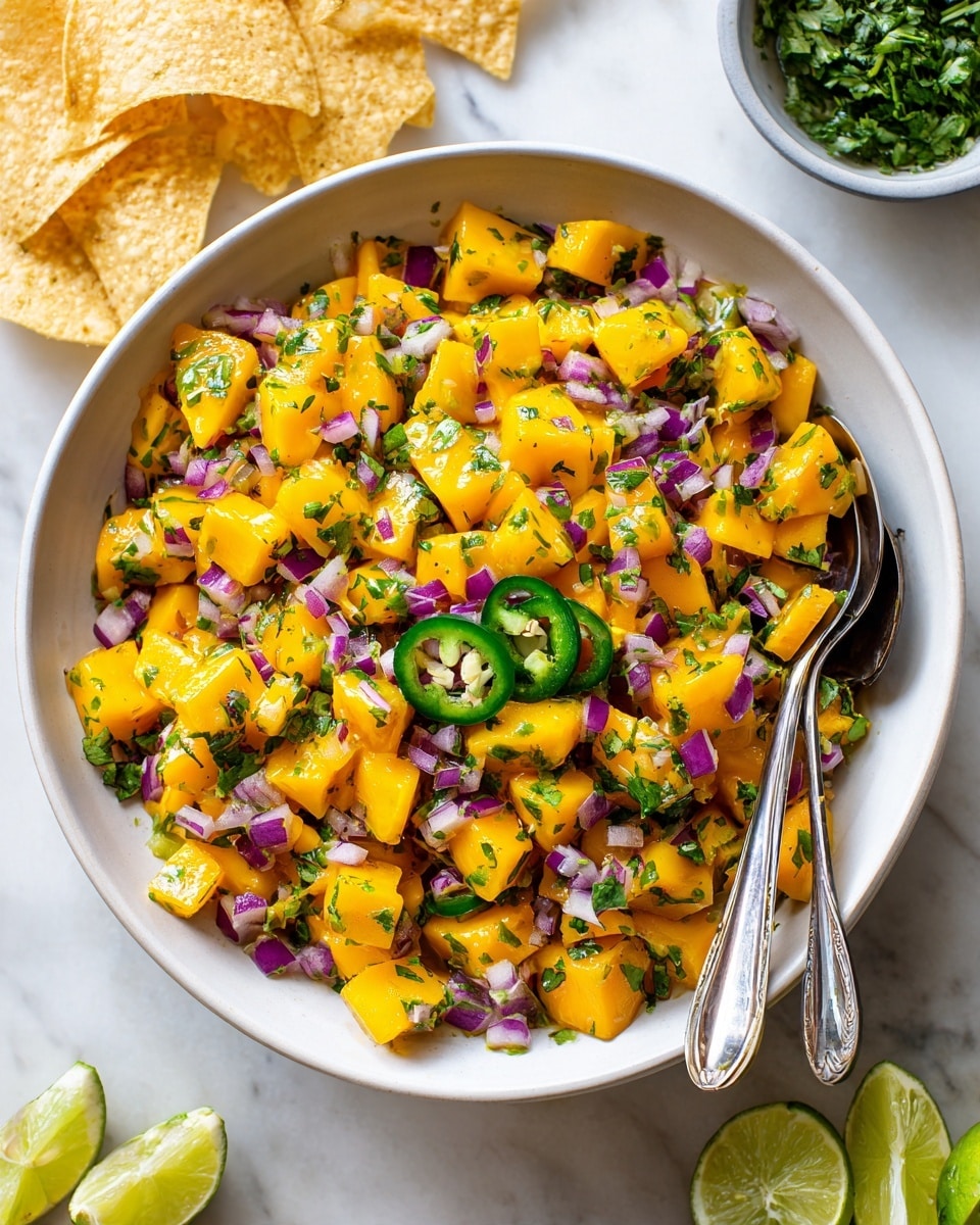 A large white bowl filled with bright yellow mango cubes mixed evenly with small purple onion pieces and chopped green cilantro leaves. Three green slices of jalapeño sit on top, adding contrast to the colors. Two silver spoons rest inside the bowl on the right side. The bowl is placed on a white marbled surface surrounded by light yellow tortilla chips on the left, a small container of green cilantro at the top right, and two halves of squeezed lime at the bottom right. The photo taken with an iphone --ar 4:5 --v 7
