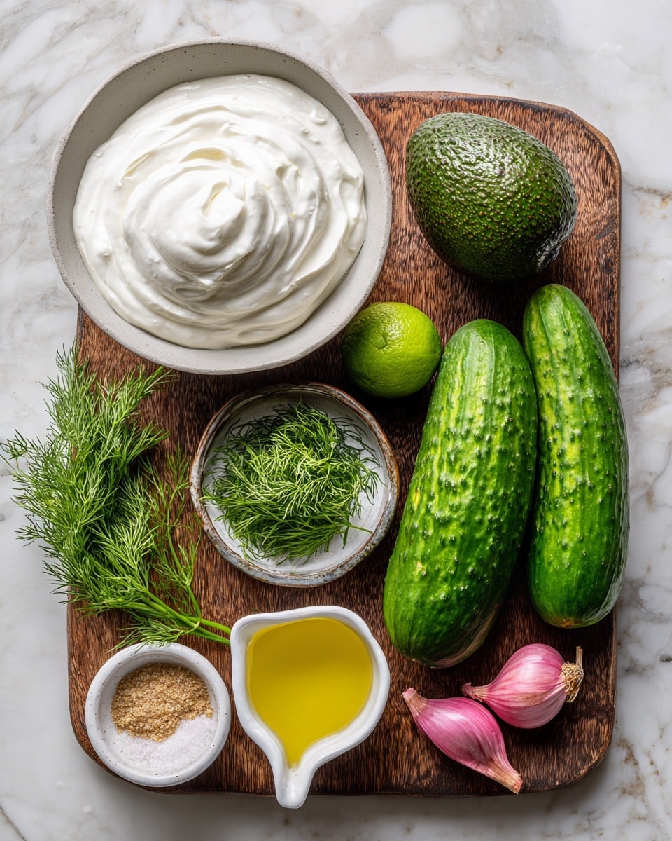 The image shows a wooden board placed on a white marbled surface, holding two whole dark green cucumbers on the right side and an avocado with a rough green skin above a small round metal bowl with fresh green dill. Near the bottom of the board, there is a green lime and a small pink shallot next to a small white bowl containing salt and pepper. Above the board, a small round white bowl holds light brown powder. To the left of the board, on the white marbled surface, there is a large white bowl filled with thick white yogurt, and below it a white measuring cup with clear yellow oil inside. photo taken with an iphone --ar 4:5 --v 7