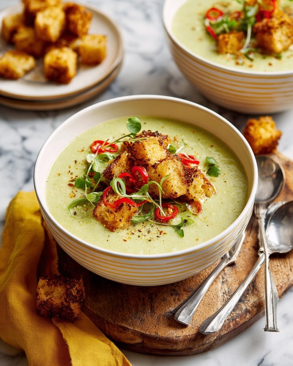 A white bowl with light yellow stripes holds a creamy green soup topped with crispy golden brown chips, thin slices of red chili, and fresh green sprouts. Next to the bowl, on a rustic wooden board, are several pieces of crispy golden brown chips scattered around. In the background, another similar bowl with the same soup and toppings is visible. To the left, a white plate contains more crispy golden brown chips. The entire setting is placed on a white marbled surface with a yellow cloth napkin behind the bowls. Two silver spoons rest in front on the surface. Photo taken with an iphone --ar 4:5 --v 7