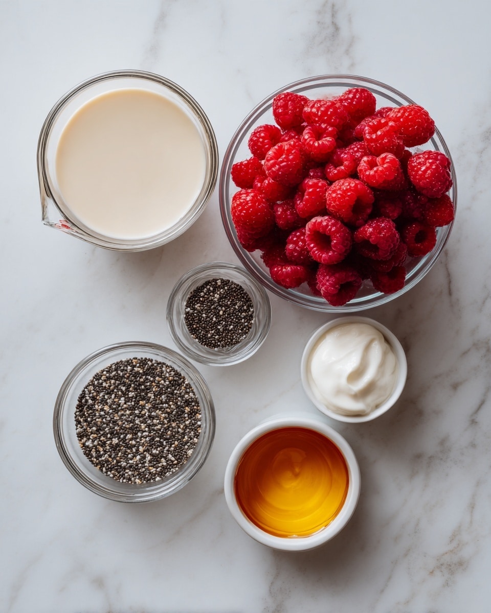 The image shows five clear bowls and a measuring cup placed on a white marbled surface. The top-left cup contains a light beige liquid. To the right, a clear bowl is filled fully with bright red raspberries. Below that, a small white bowl holds thick white yogurt. To the left of the yogurt, a clear bowl is filled with tiny black chia seeds mixed with white bits. On the far right, a small white bowl contains amber-colored honey. The arrangement forms a loose cluster with all items spaced apart. Photo taken with an iphone --ar 4:5 --v 7