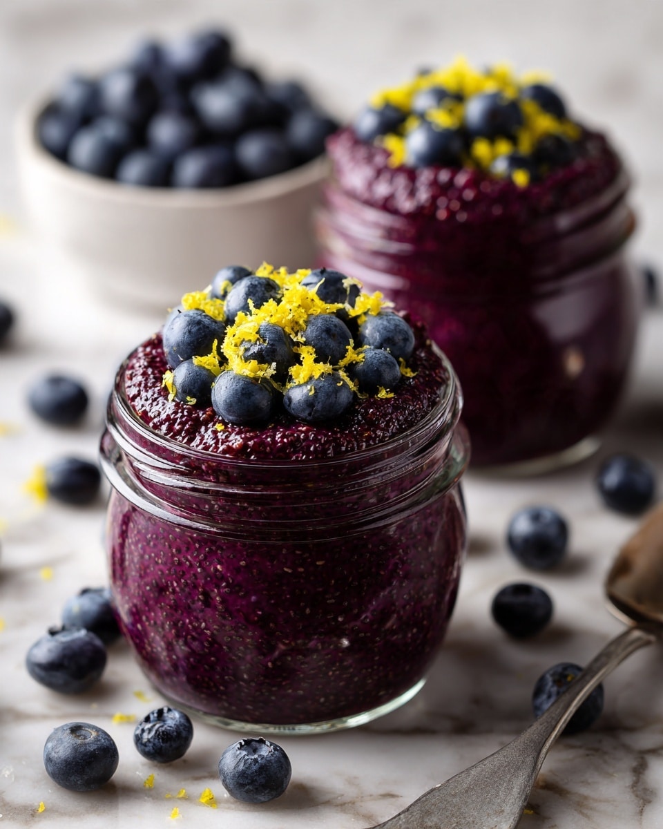 Two small glass jars filled with thick, deep purple chia pudding topped with fresh dark blue blueberries and tiny bright yellow lemon zest pieces. Each jar has one dense layer of the pudding inside, with a slightly textured surface from the chia seeds. Around the jars, scattered blueberries sit on a white marbled surface, alongside a white bowl full of more blueberries in the background. The photo has a soft natural light, sharp focus on the front jar, showing the rich colors and textures clearly. Photo taken with an iphone --ar 4:5 --v 7