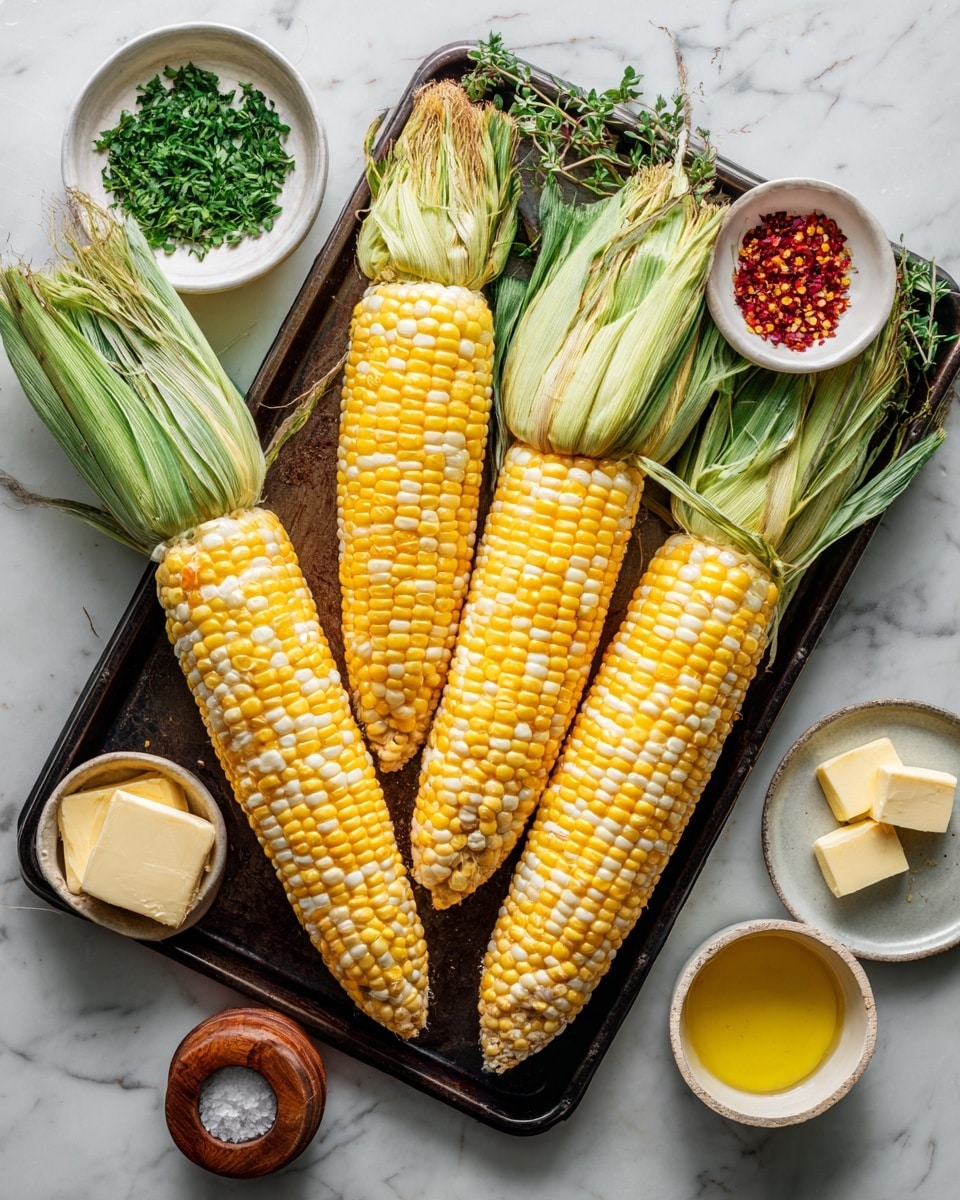 The image shows four ears of corn lying side by side on a dark baking tray in the middle of a white marbled surface. The corn has bright yellow and pale yellow kernels with some green husks still partially attached. Around the tray are small white bowls and plates holding different ingredients: a square piece of butter, red chili flakes, green herbs, a pale yellow liquid, salt in a small brown wooden container, and two small dishes with a golden liquid. The overall setup looks clean and bright with natural light, and the colors mainly include white, yellow, green, and red. photo taken with an iphone --ar 4:5 --v 7