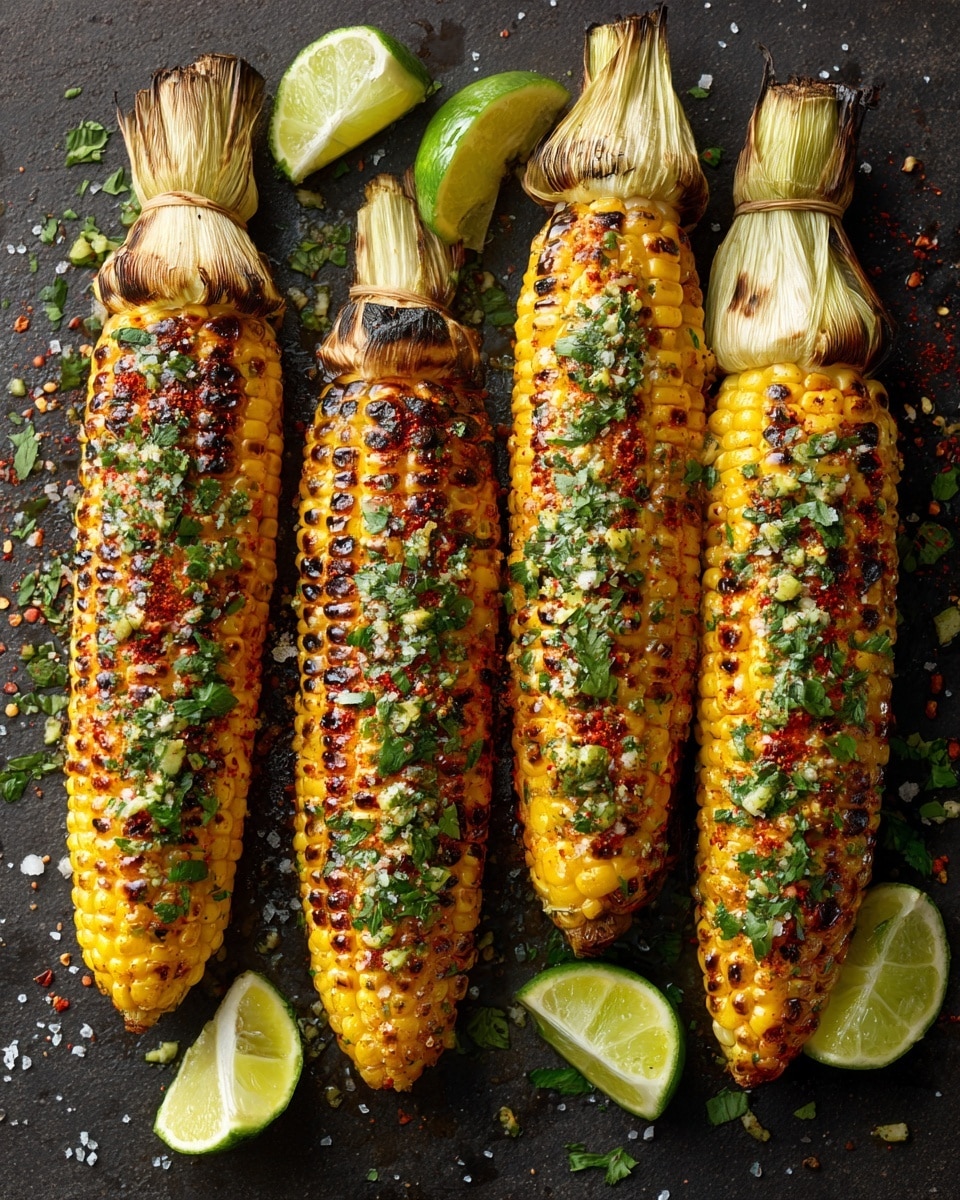 Four grilled corn on the cob are arranged in a row on a dark surface, each with bright yellow kernels charred in spots and topped with green herb flakes, red spices, and white salt crystals. The corn ends are tied with pale husks. Three lime wedges with pale green skin and juicy flesh are scattered around the corn, adding fresh color contrast. The overall look shows a smoky, seasoned finish with vibrant toppings on each corn. photo taken with an iphone --ar 4:5 --v 7