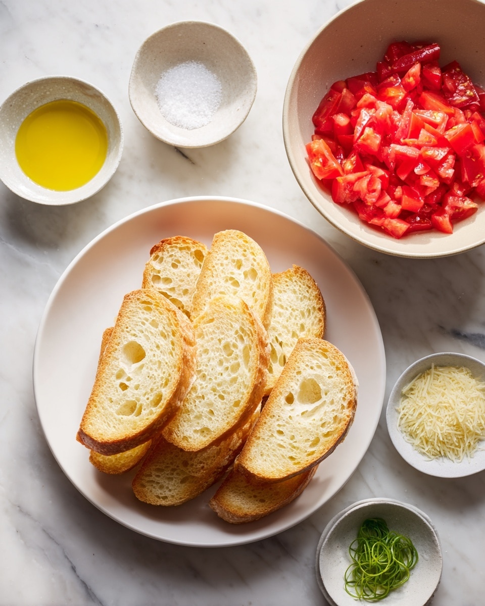 On a white marbled surface, there is a white plate filled with several slices of toasted bread arranged in two neat layers, showing a golden brown crust and soft holes inside. To the right, a large light beige bowl holds a single layer of bright red, chopped tomatoes. Around the plate and bowl, there are four smaller bowls: one with thin yellow oil, one with coarse white salt, one with finely grated pale yellow garlic, and one with a small pile of thin green basil strips. The lighting highlights the fresh colors and textures of each ingredient photo taken with an iphone --ar 4:5 --v 7