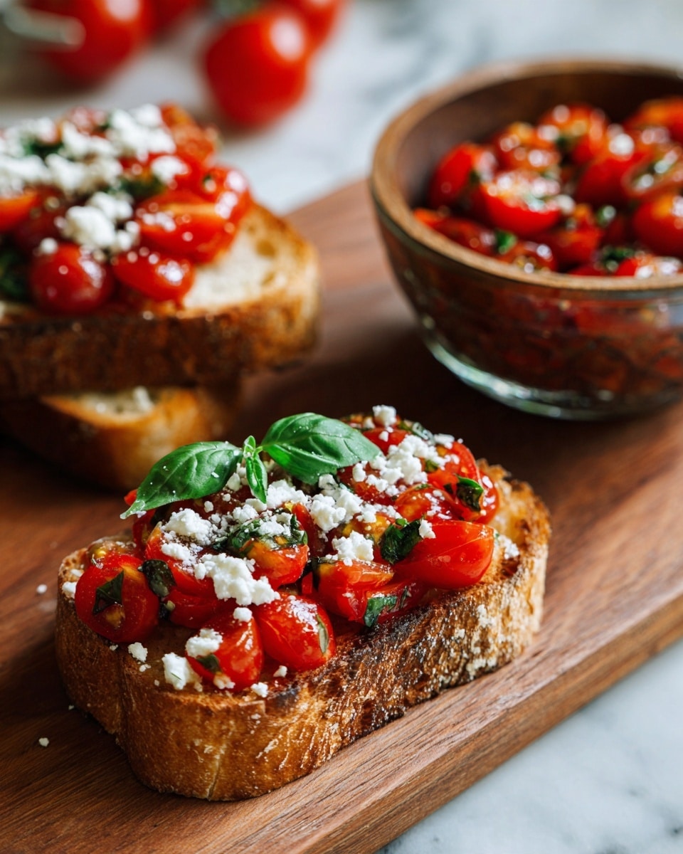 A white toasted slice of bread sits in the front, topped with a layer of bright red cherry tomato pieces mixed with small green basil leaves, and sprinkled with crumbled white cheese. Behind this toast, there is a stack of two more white toasted slices. To the right, a brown glass bowl holds more tomato and basil mix. The wooden surface beneath contrasts with the white marbled background faintly visible around the edges. photo taken with an iphone --ar 4:5 --v 7