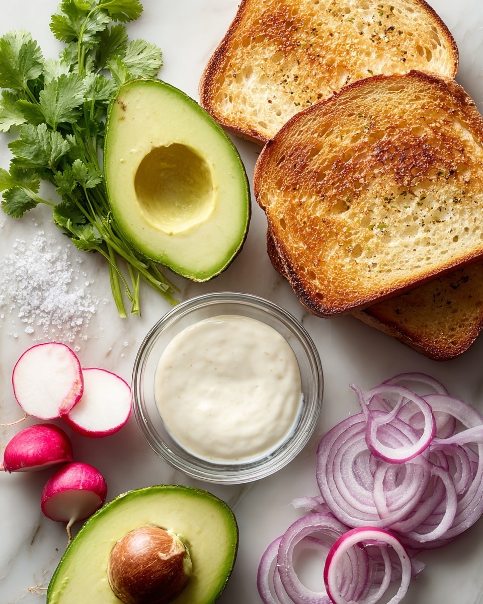 The image shows two slices of toasted bread with a golden brown crust placed near the top right, next to two halves of an avocado with smooth green flesh and one half containing a large brown seed on a white marbled surface. Below the bread is a bunch of fresh green cilantro leaves with stems. Near the center, there is a small clear glass bowl filled with a creamy white sauce. To the left of the bowl, there are two halves of a radish with bright pink centers and white edges, one showing the root. Below the radishes, there is a small pile of coarse white salt. On the bottom right, there are several thin, translucent, pale purple onion rings arranged loosely on the surface. photo taken with an iphone --ar 4:5 --v 7