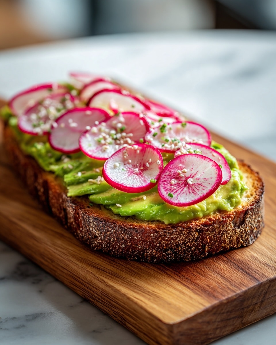 A thick slice of toasted bread with a rough brown crust and soft white inside is spread with a smooth, pale green layer of mashed avocado. On top, there are thin, round slices of radish, each with a white center and bright pink edges, arranged in a line across the toast. Small white seeds are sprinkled evenly over the radish slices. The toast rests on a wooden surface with a white marbled background blurred behind. Photo taken with an iphone --ar 4:5 --v 7