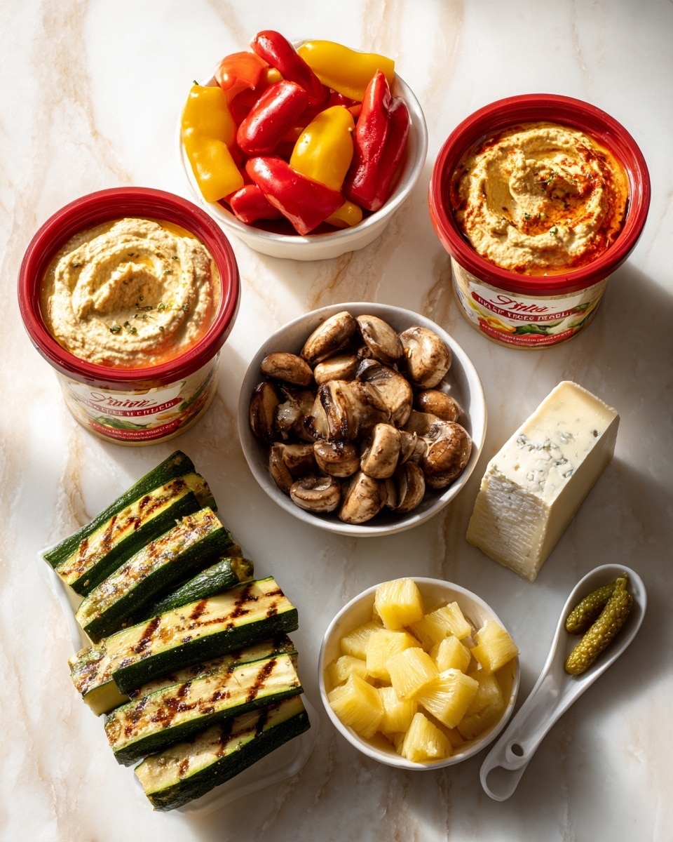 The image shows a food arrangement on a white marbled surface featuring two containers of Sabra hummus, one labeled roasted red pepper and the other roasted garlic, both with reddish lids. Near the top left is a small white bowl filled with small red and yellow bell peppers. Below it, sliced grilled zucchini with visible char marks are stacked in a neat row. In the center, a white bowl is piled with whole cremini mushrooms. To the right of the mushrooms are grilled pineapple strips with clear grill lines. Near the top right, a small white bowl holds green pickled peppers. Next to the pickled peppers, a wedge of brie cheese is placed on the surface. A white spoon lies next to each hummus container. The colors are warm and natural with contrasting reds, greens, and yellows. Photo taken with an iphone --ar 4:5 --v 7