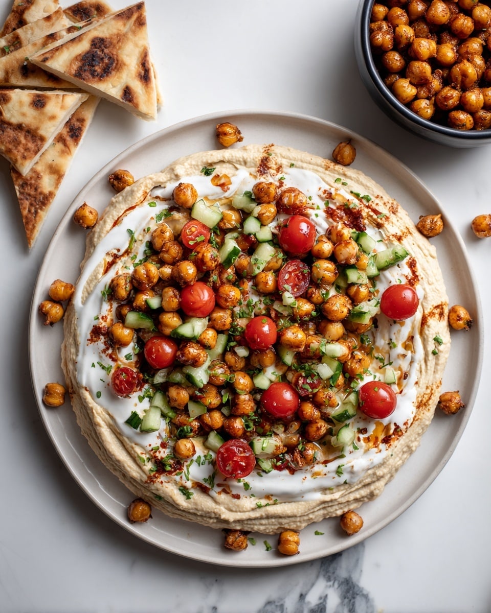 A large white plate shows a three-layer dish starting with a creamy beige hummus spread as the base, topped with roasted golden brown chickpeas spread evenly. On top of this, scattered dollops of white yogurt sauce are placed evenly around the plate. Red cherry tomatoes, cut into quarters, are spread across with small pieces of green herbs and light green diced cucumber sprinkled throughout. Around the edges of the plate, there are triangular pieces of flatbread, showing light brown spots from baking. To the side, a black bowl with more roasted chickpeas sits on a white marbled surface. Photo taken with an iphone --ar 4:5 --v 7