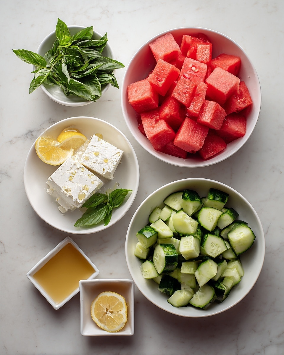 The image shows an overhead view of several white bowls on a white marbled surface. One large white bowl is filled with bright red watermelon cubes. Another large white bowl contains chopped cucumber pieces, green with a shiny texture. A smaller white bowl holds a white block of feta cheese with a crumbly texture. Next to it, a white bowl contains fresh green mint and basil leaves. Three small white square dishes hold a slice of lemon, a golden yellow liquid, and a light brown sauce. The colors are fresh and vibrant, arranged neatly and balanced across the frame. photo taken with an iphone --ar 4:5 --v 7