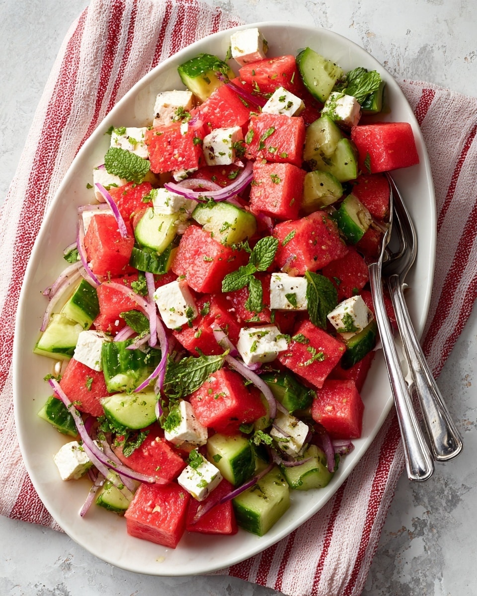 The dish is a fresh salad served on a white oval plate placed on a white marbled texture with a red and white striped cloth underneath. The salad has three main layers: bright red watermelon cubes with a juicy texture scattered evenly, crisp green cucumber pieces cut into chunks filling in spaces, and white feta cheese cubes spread throughout. Thin slices of light purple red onion are mixed gently among the other layers, adding a touch of color contrast. Small green mint leaves and finely chopped herbs are sprinkled on top, giving a fresh, vibrant look. A woman's hand holds silver salad tongs resting above the plate. The photo taken with an iphone --ar 4:5 --v 7