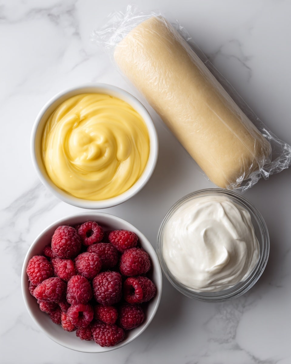 The image shows four items placed on a white marbled surface. At the top left is a white ceramic bowl filled with smooth, bright yellow custard, swirled neatly on the surface. To the right of it, there is a roll of light beige dough wrapped in clear plastic. Below the custard bowl is another white ceramic bowl filled with fresh, deep red raspberries, showing their textured and round shapes. To the right of the raspberries, there is a clear glass cup filled with thick, white cream, smooth on top. The arrangement is clean and simple, with light natural lighting emphasizing the colors and textures. photo taken with an iphone --ar 4:5 --v 7