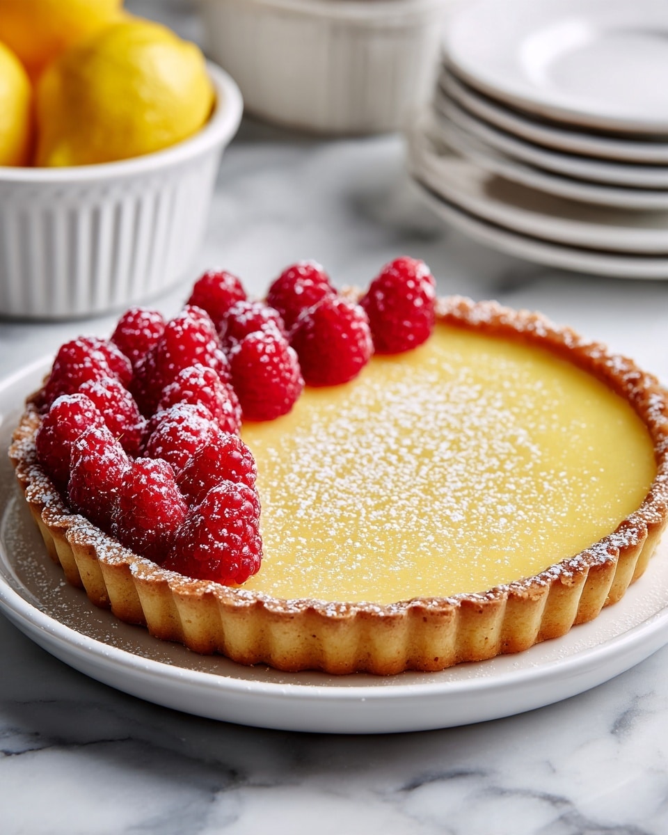 A lemon tart sits on a white plate, showing two main layers: a golden, scalloped crust base with a slightly crumbly texture, and a smooth, bright yellow lemon filling on top. The surface of the lemon layer is sprinkled lightly with powdered sugar, adding a touch of white contrast. On one side, fresh red raspberries are neatly arranged, adding a rich pop of color and texture. This setup rests on a white marbled surface, with parts of other white dishes and bright yellow lemons in a white container seen in the background. Photo taken with an iphone --ar 4:5 --v 7