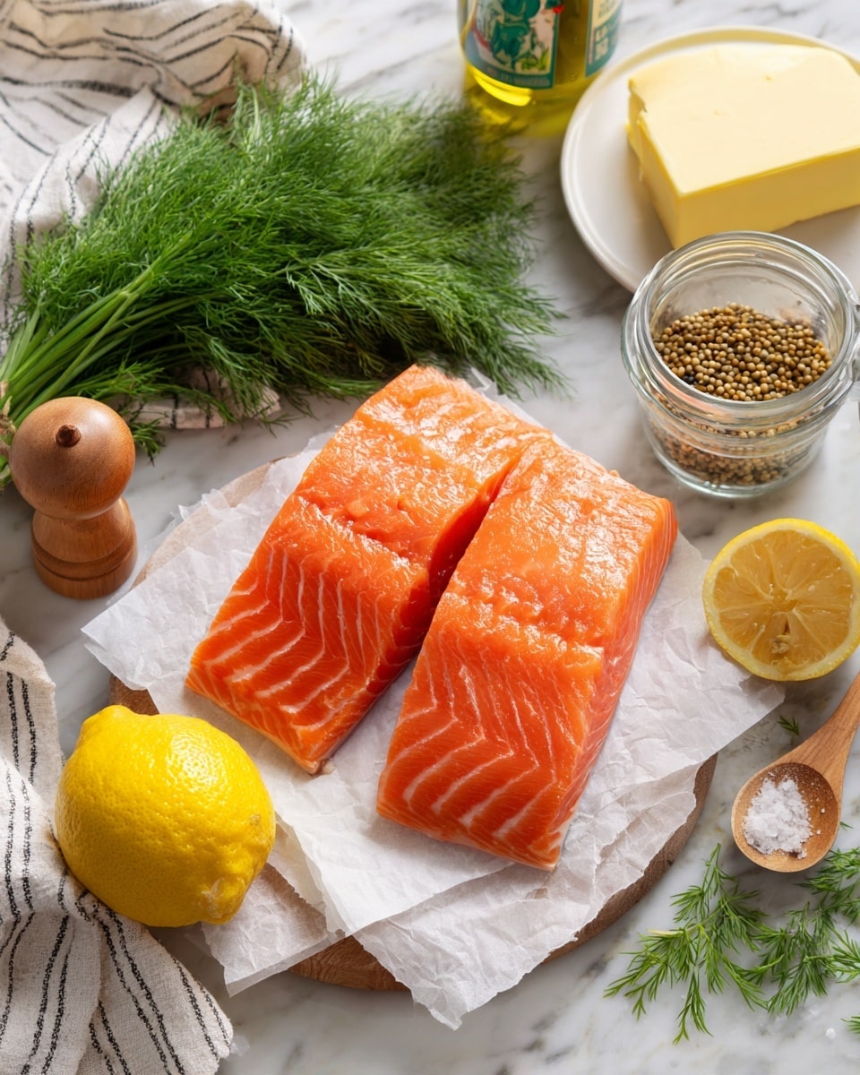The image shows fresh raw salmon fillets with a smooth, shiny orange-pink color on white parchment paper placed on a white marbled surface. Nearby, there is a bright yellow whole lemon, a bunch of green fresh dill with feathery texture, and a stick of pale yellow butter on a white plate. There are also a wooden pepper grinder, a clear glass jar with brown mustard seeds and a small wooden spoon inside, and a dark green bottle of olive oil with a white and green label. A white cloth with thin black stripes is casually placed on the upper left side of the scene. The photo taken with an iphone --ar 4:5 --v 7
