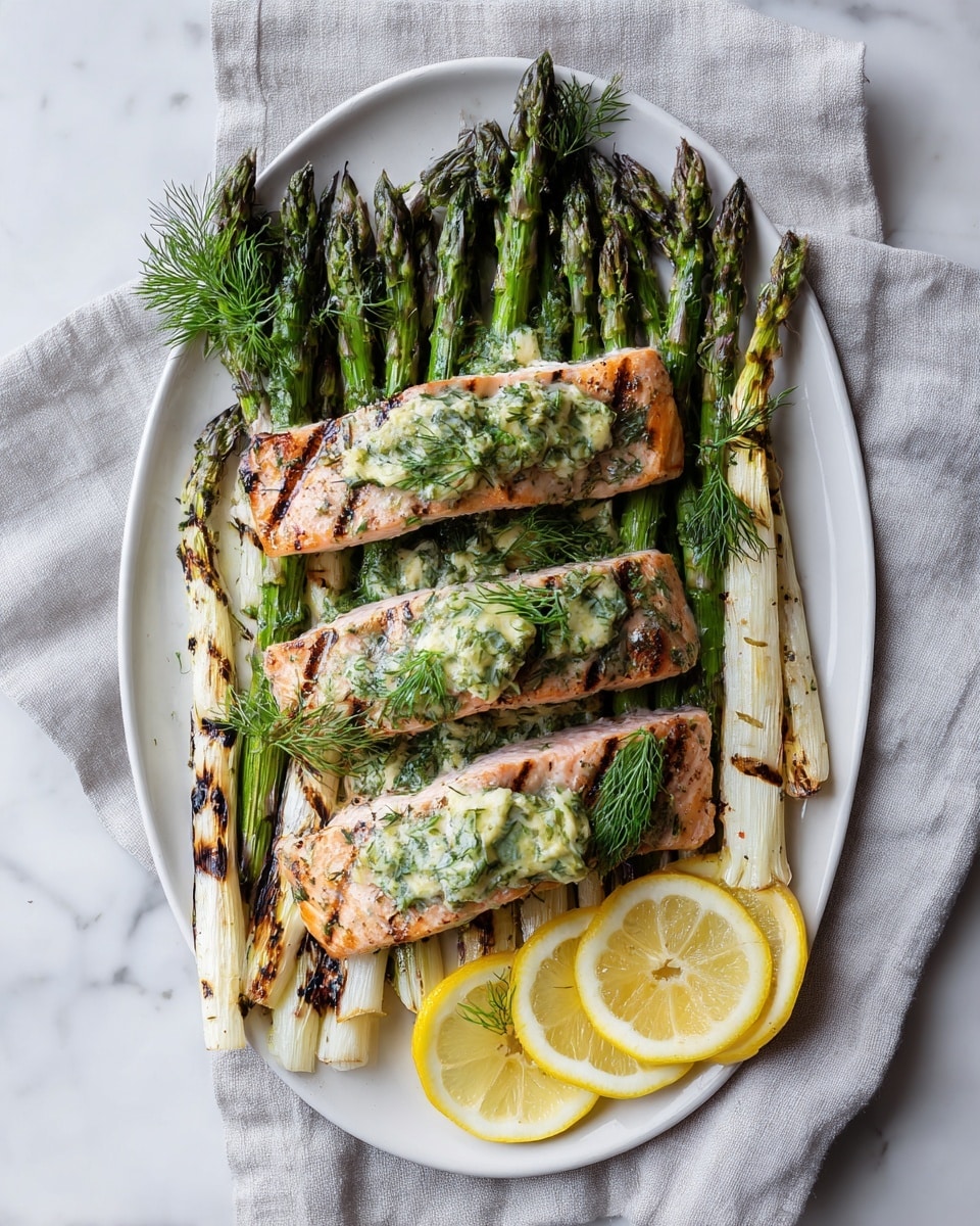 A white oval plate holds four pieces of grilled salmon, each topped with a light green herb butter and fresh dill sprigs. Underneath the salmon is a layer of charred white asparagus with black grill marks, arranged to fill the plate. To the right side of the plate, there are several thin, round lemon slices placed on the bed of asparagus. The plate sits on a light gray linen cloth, which lies on a white marbled surface, adding softness to the scene. The whole setting looks fresh and colorful with a natural rustic feel. photo taken with an iphone --ar 4:5 --v 7