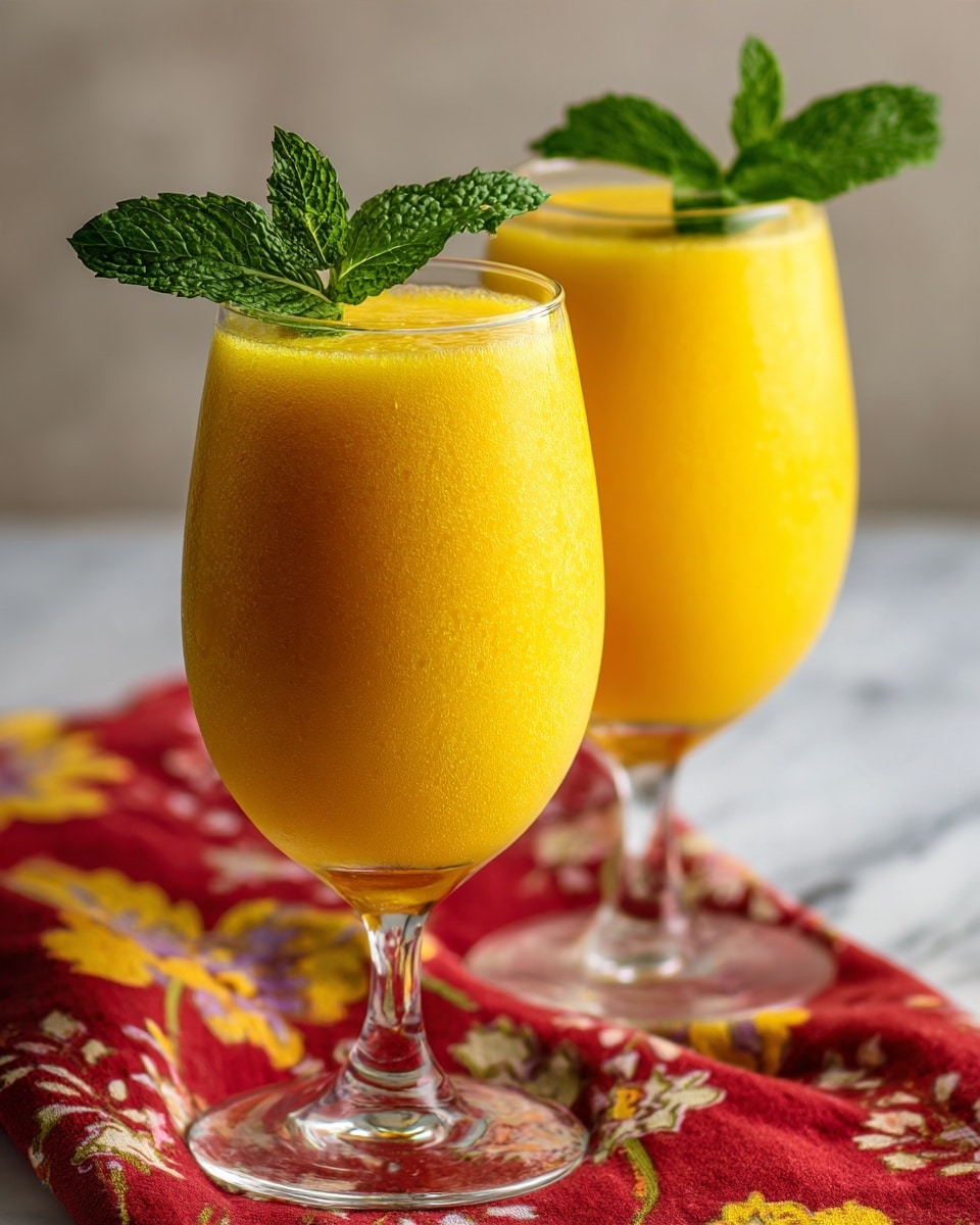 The image shows two clear wine glasses filled with bright yellow-orange juice. Each glass has one fresh green mint leaf placed on the top, adding a contrast of color. The glasses are set on a surface with a white marbled texture, and beneath them is a red cloth with colorful floral patterns in yellow and white. The background is softly blurred in neutral tones, making the glasses and their contents the clear focus of the picture. photo taken with an iphone --ar 4:5 --v 7