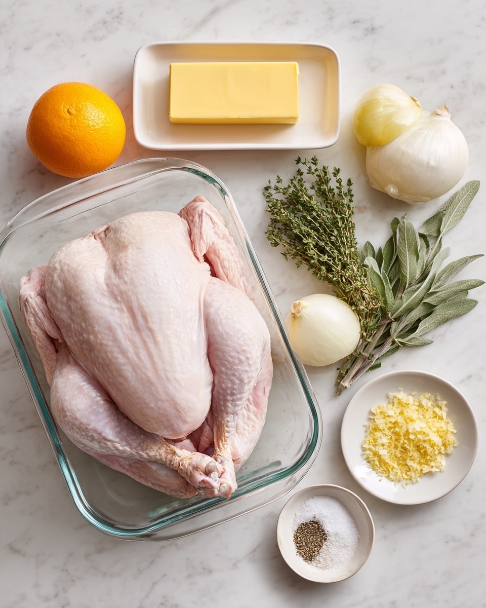 A raw whole turkey with pale pink skin rests in a clear glass baking dish at the center on a white marbled surface. Above it, a white rectangular butter dish holds a solid yellow stick of butter. To the right of the turkey, from top to bottom, are a round bright orange orange fruit, a pale yellow lemon, a large white onion, and three bundles of fresh green herbs with different leaf shapes and textures. Below these, three small white plates hold finely minced light yellow garlic, a mix of coarse black pepper and sea salt, and plain white sea salt, all arranged neatly against the white marbled surface. photo taken with an iphone --ar 4:5 --v 7