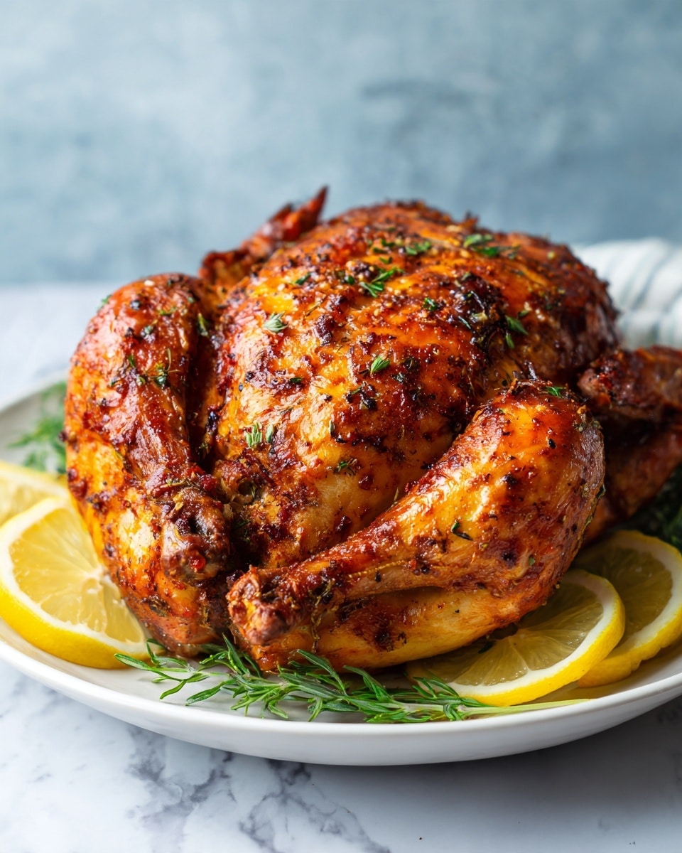 A whole roasted chicken with a rich, golden brown skin that is crispy and speckled with herbs and spices. The chicken sits in the center of a white plate, surrounded by green sprigs of fresh herbs and bright yellow lemon slices. The texture of the chicken is slightly shiny with some darker caramelized spots, and its wings and legs are positioned close to the body. The plate rests on a white marbled surface, with a soft textured bluish-grey wall in the background. photo taken with an iphone --ar 4:5 --v 7