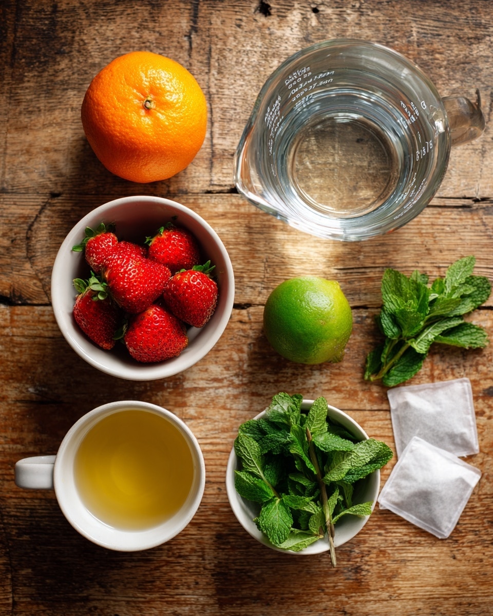 A top-down view of several ingredients arranged neatly on a rustic wooden surface, which should be changed to a white marbled texture. In the top left, there is one whole bright orange, next to a white bowl filled with fresh red strawberries with green leaves at the top. To the right is a clear glass measuring cup with water. Below the orange and strawberries, there is a whole green lime and a small white bowl filled with fresh green mint leaves. Nearby, an empty white cup and two white tea bags rest on the surface. In the bottom left corner, a small white bowl holds a yellow liquid that looks like honey or juice. A small sprig of mint lies between the mint bowl and the tea bags. photo taken with an iphone --ar 4:5 --v 7
