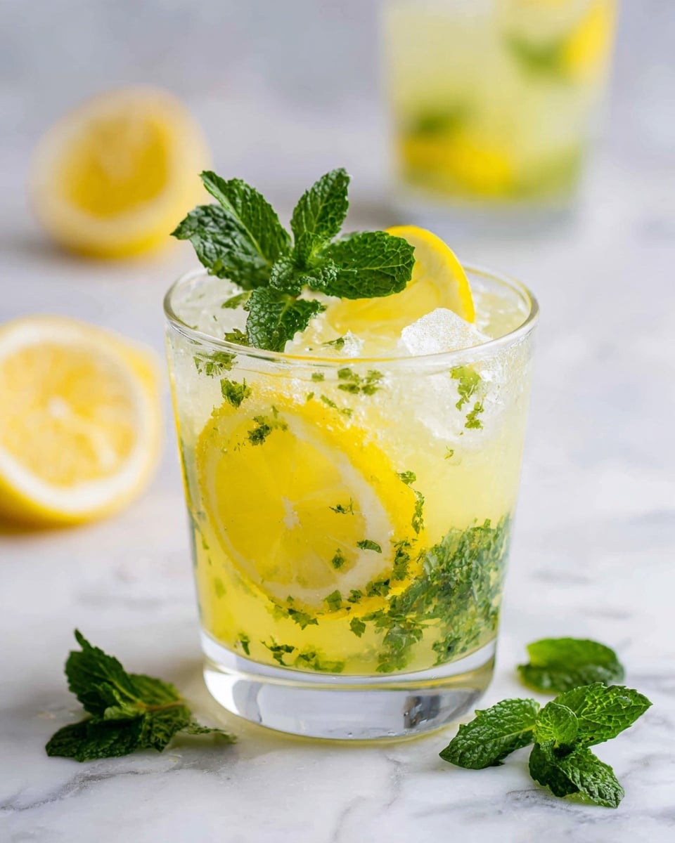 A short clear glass filled with a yellow lemon drink mixed with small green mint bits and ice cubes. At the top edge inside the glass is a bright yellow lemon slice resting partly in the drink. On top of the ice floats a fresh green mint sprig with visible veins and texture. The glass sits on a white marbled surface with extra mint leaves and lemon wedges placed around it, adding fresh green and yellow colors to the scene. The background is soft and light, showing parts of similar drinks out of focus. photo taken with an iphone --ar 4:5 --v 7