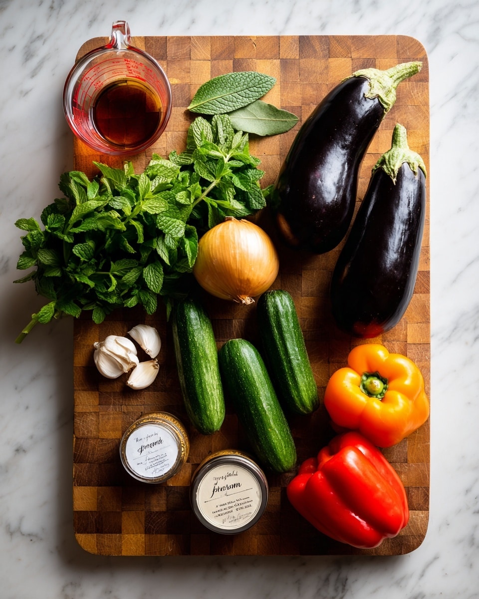 A wooden checkered cutting board holds fresh vegetables and spices arranged neatly on a white marbled surface. Two dark purple eggplants lie side by side on the right, with two medium-sized green zucchinis placed in front of them. A whole yellow onion sits near the center top, accompanied by a bay leaf. To the left, a bunch of fresh green parsley and mint leaves rest beside a small clear bowl of olive oil. In front are a garlic bulb, a clear salt shaker, and a small jar labeled