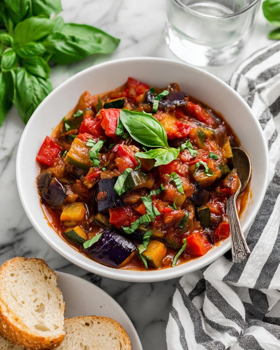 A white pot filled with chunky vegetable stew showing several layers of large, soft pieces of deep purple eggplant, bright red bell peppers, green zucchini, and tomato-based sauce that is rich and glossy. The stew is garnished with fresh green basil leaves scattered on top and a silver spoon resting inside the pot near the edge. Around the pot is a striped black and white kitchen towel, fresh basil leaves, and a clear glass of water on a white marbled surface. There is also a white plate with sliced rustic bread on the bottom left side. Photo taken with an iphone --ar 4:5 --v 7
