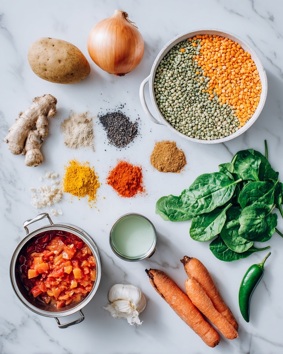 The image shows an assortment of cooking ingredients arranged neatly on a white marbled surface. There is a whole onion and a potato near the top left, with a small pile of baby carrots to their right, and fresh green spinach leaves on the far right. Below the onion and potato, a small white pan holds a mix of dried lentils and split peas in various colors like orange, green, and beige. Below this pan, an open can reveals diced tomatoes in red sauce. To the right of the can, a small silver cup filled with light green liquid sits next to a small wooden bowl containing white liquid, likely cream. In the center, a large white plate holds seven spices and items arranged in two vertical lines: a mound of black pepper powder, bright orange turmeric powder, yellow curry powder, red chili powder, and cinnamon powder, with a small fresh jalapeno pepper, a piece of fresh ginger, and four garlic cloves placed around the powders. The setup looks clean and organized, with every item clearly visible. Photo taken with an iphone --ar 4:5 --v 7