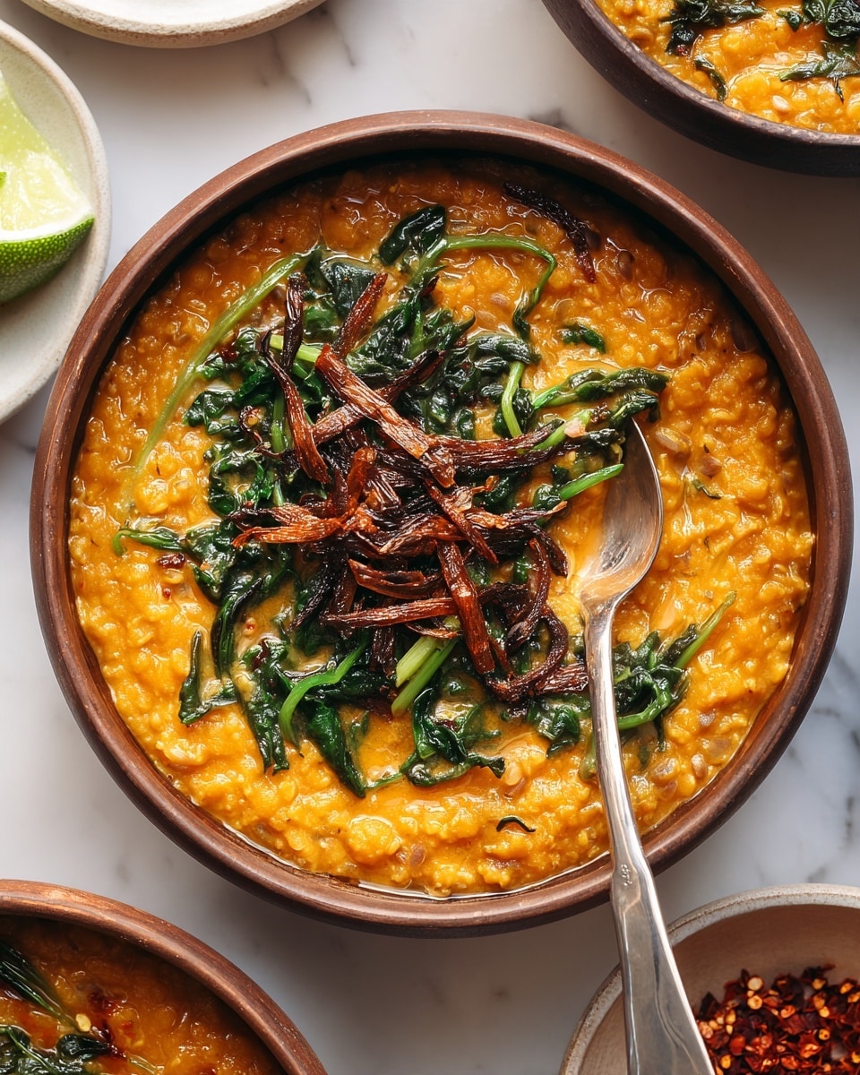 The image shows a brown bowl filled with a thick orange base layer that looks like creamy lentils or dal. On top of this base, there are green leafy vegetables arranged evenly with some dark, thin, crispy-looking strips scattered over them. A silver spoon rests inside the bowl, dipping slightly into the lentil layer. Around the bowl, parts of a white marbled surface are visible, along with another white plate holding a lime half and some crushed red chili flakes, and an edge of another brown bowl with a similar dish. The lighting creates a warm tone over the whole scene. Photo taken with an iphone --ar 4:5 --v 7