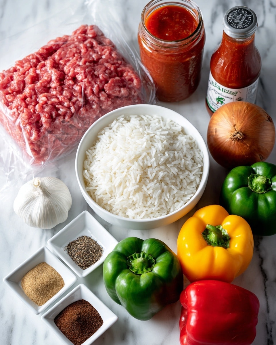 The image shows a white marbled surface with various colorful ingredients arranged neatly. At the front center, there is a white bowl filled with plain white rice. To the right of the bowl are five whole bell peppers in green, yellow, and red shades, placed side by side. Next to the peppers, a small white square dish holds several different spices in piles of light brown, dark brown, black, and reddish colors. On the left side of the rice bowl, a package of raw ground beef is placed flat, with a peeled onion sitting nearby. Behind these, there is a jar of red marinara sauce, a canned diced tomato, and a bottle of Worcestershire sauce standing upright in a row. A bulb of garlic rests near the front edge. All items sit on a clean white marbled surface with a slight background blur. Photo taken with an iphone --ar 4:5 --v 7