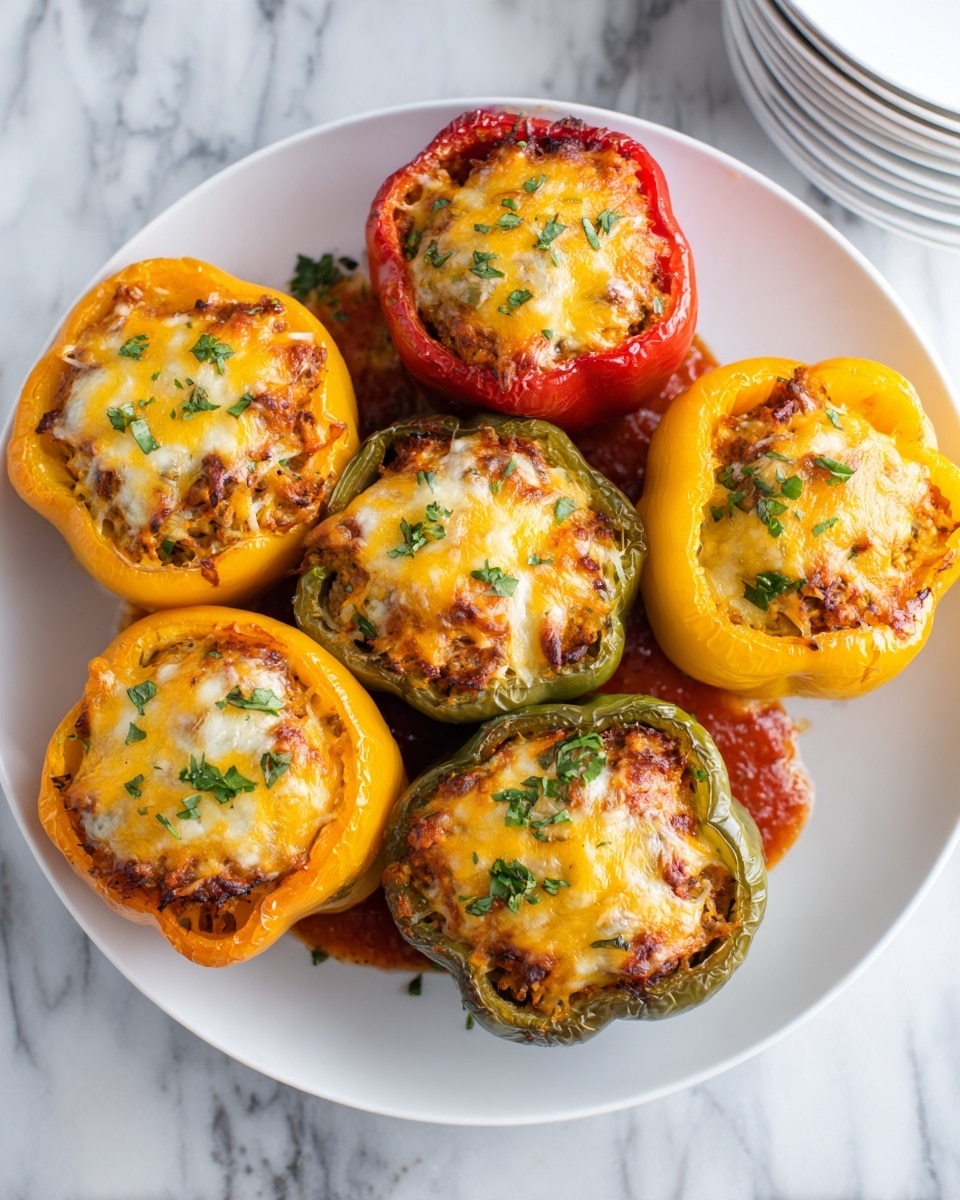 The image shows six stuffed bell peppers arranged on a white plate placed on a white marbled surface. The peppers are a mix of red, yellow, and green colors, each filled with a mixture topped with melted yellow cheese that looks slightly browned and bubbly. The stuffing is inside each pepper, with some of the red tomato sauce visible around their bases on the plate. Small green herbs are sprinkled over the cheese and sauce, adding color contrast. The peppers appear cooked, soft but holding shape, and the plate is surrounded by a few stacked white plates on the side. photo taken with an iphone --ar 4:5 --v 7