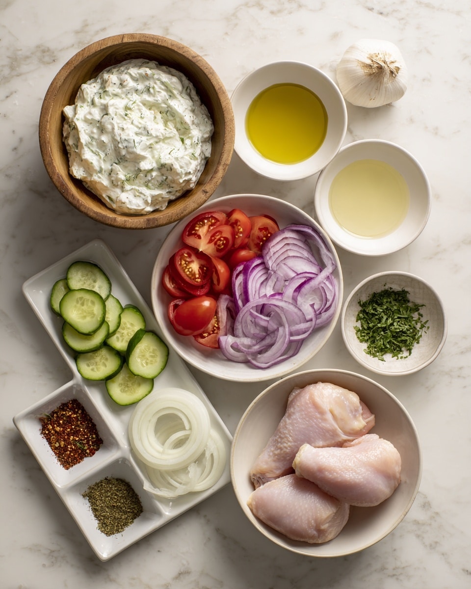 The image shows several bowls and a small plate arranged on a white marbled surface, holding fresh ingredients. In the top center is a wooden bowl filled with creamy white tzatziki sauce with green specks, next to a white bowl with light golden oil. Below are two pieces of raw chicken with pale pink skin in a white bowl. On the left, a small white rectangular plate contains sliced cucumber, red cherry tomatoes, and thin rings of purple onion. Next to it is a white bowl with thinly sliced white onions. At the bottom left are small serving containers with green herbs, red spices, and minced garlic in separate compartments. photo taken with an iphone --ar 4:5 --v 7