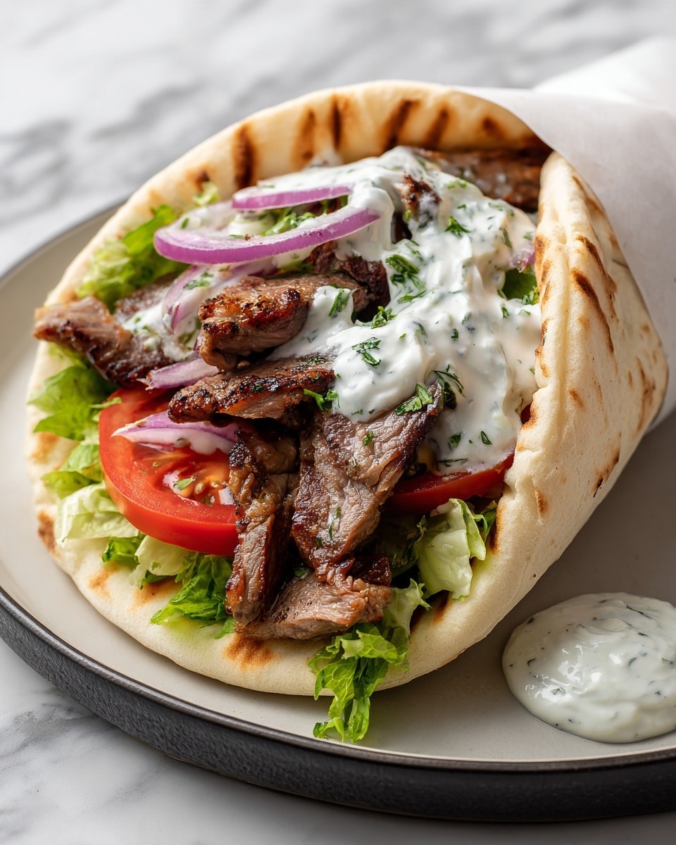 A pita wrap sits on a white plate with a dark edge, filled with several layers. The bottom layer is chopped green lettuce, topped with sliced red tomatoes and thin slices of purple onion. Next, there are browned grilled pieces of meat with a slightly charred texture. On top of the meat, there is a thick layer of creamy white sauce with green herb bits visible. The wrap is slightly open, showing all layers inside, and is partially wrapped in white paper. On the plate near the wrap is a small dollop of the same creamy sauce. The background is a white marble texture. Photo taken with an iphone --ar 4:5 --v 7