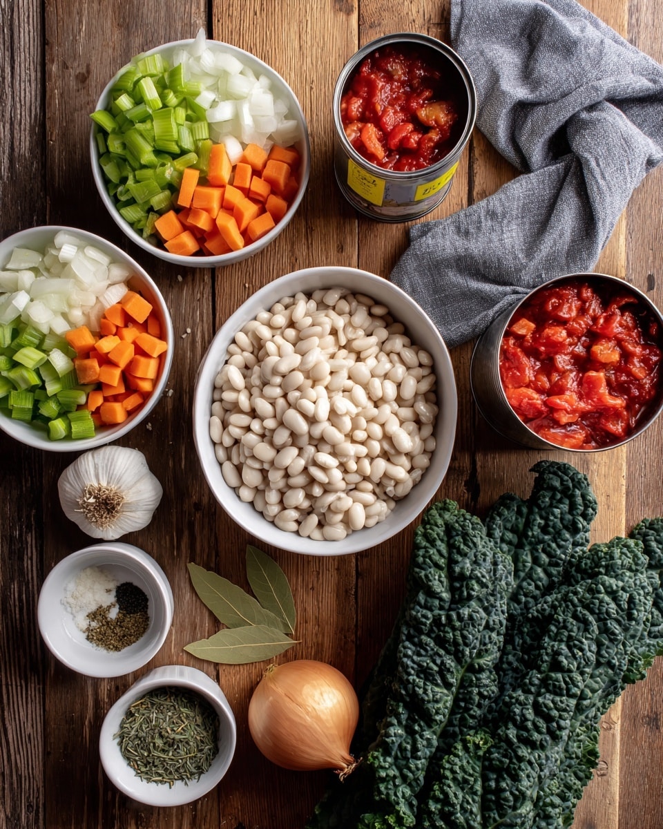 The image shows a wooden surface with various ingredients neatly arranged. In the center is a white bowl filled with white beans. To the top left, a white bowl holds chopped green celery, white onion pieces, and orange carrot cubes, all neatly separated inside the bowl. Above the beans is an open can filled with red diced tomatoes. To the right side, a bunch of dark green kale with curled leaves is tied with a yellow label. Below the beans are two small white bowls, one with chopped garlic and the other with mixed dried herbs and a bay leaf. A whole light brown onion and a white garlic bulb are placed nearby. A folded grey cloth napkin is on the top right corner. The photo taken with an iphone --ar 4:5 --v 7