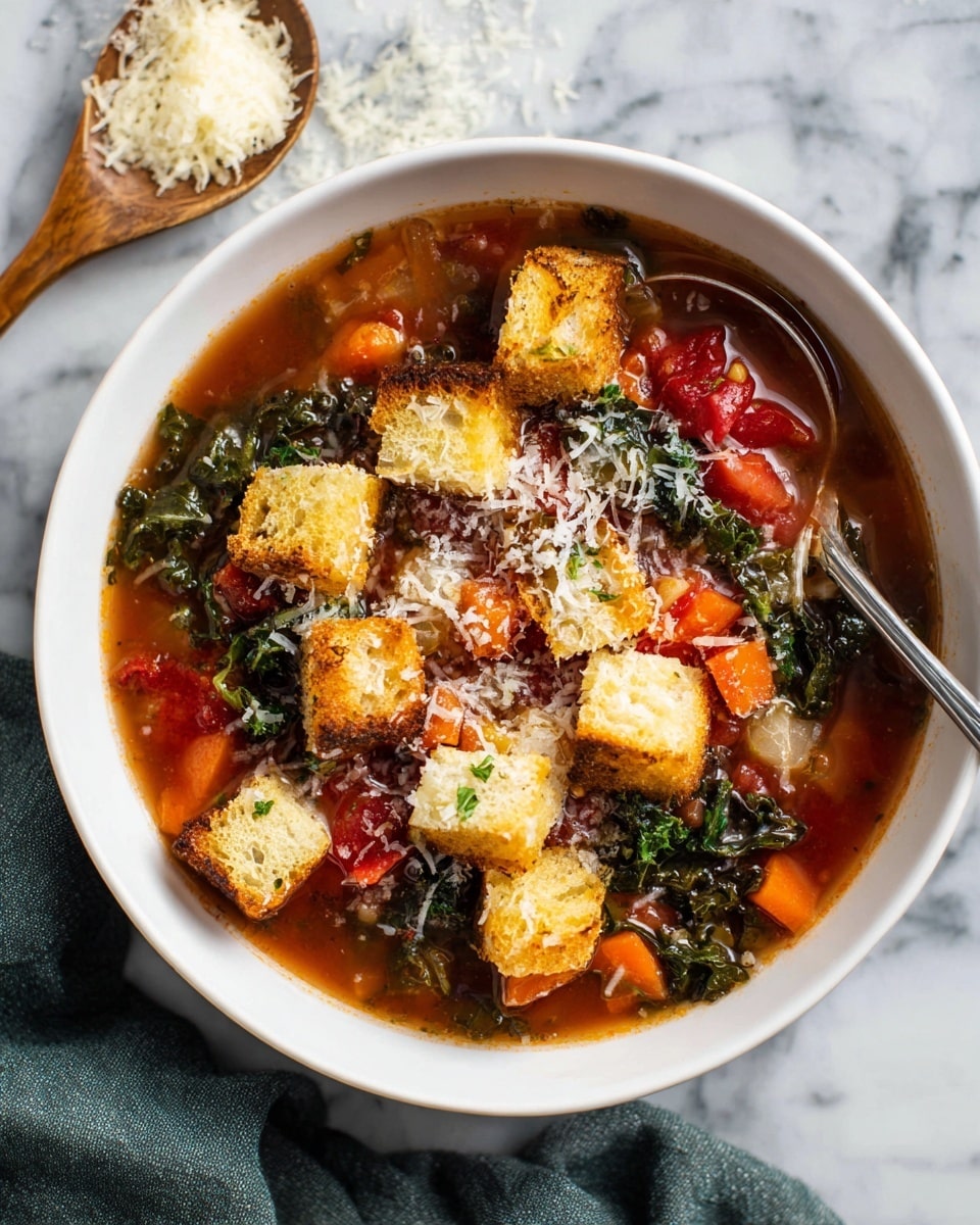 A white bowl filled with a hearty soup showing three layers: the bottom layer is a thick tomato-based broth with visible small chopped vegetables like orange carrots and red tomatoes, the middle layer has dark green leafy vegetables scattered throughout, and the top layer is golden toasted bread cubes sprinkled with a light dusting of grated cheese. A silver spoon rests on the right side inside the bowl with some bread cubes around it. To the left, there is a wooden spoon with grated cheese and a dark green cloth on a white marbled surface. Photo taken with an iphone --ar 4:5 --v 7