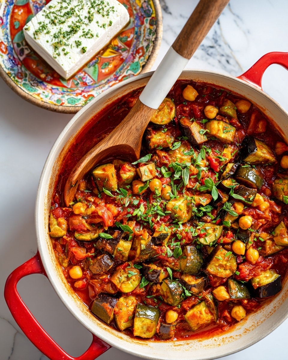 The image shows a large white round dish with red handles filled with a stew-like dish. The stew has chunky vegetable pieces, mainly greenish-yellow eggplant slices and orange chickpeas, mixed into a thick red tomato sauce. Fresh green herbs are sprinkled on top, adding a pop of color. A wooden spoon with a white handle rests in the dish. In the background, there is a white plate with colorful patterns containing a block of white cheese with herbs on top, placed on a white marbled surface. Photo taken with an iphone --ar 4:5 --v 7