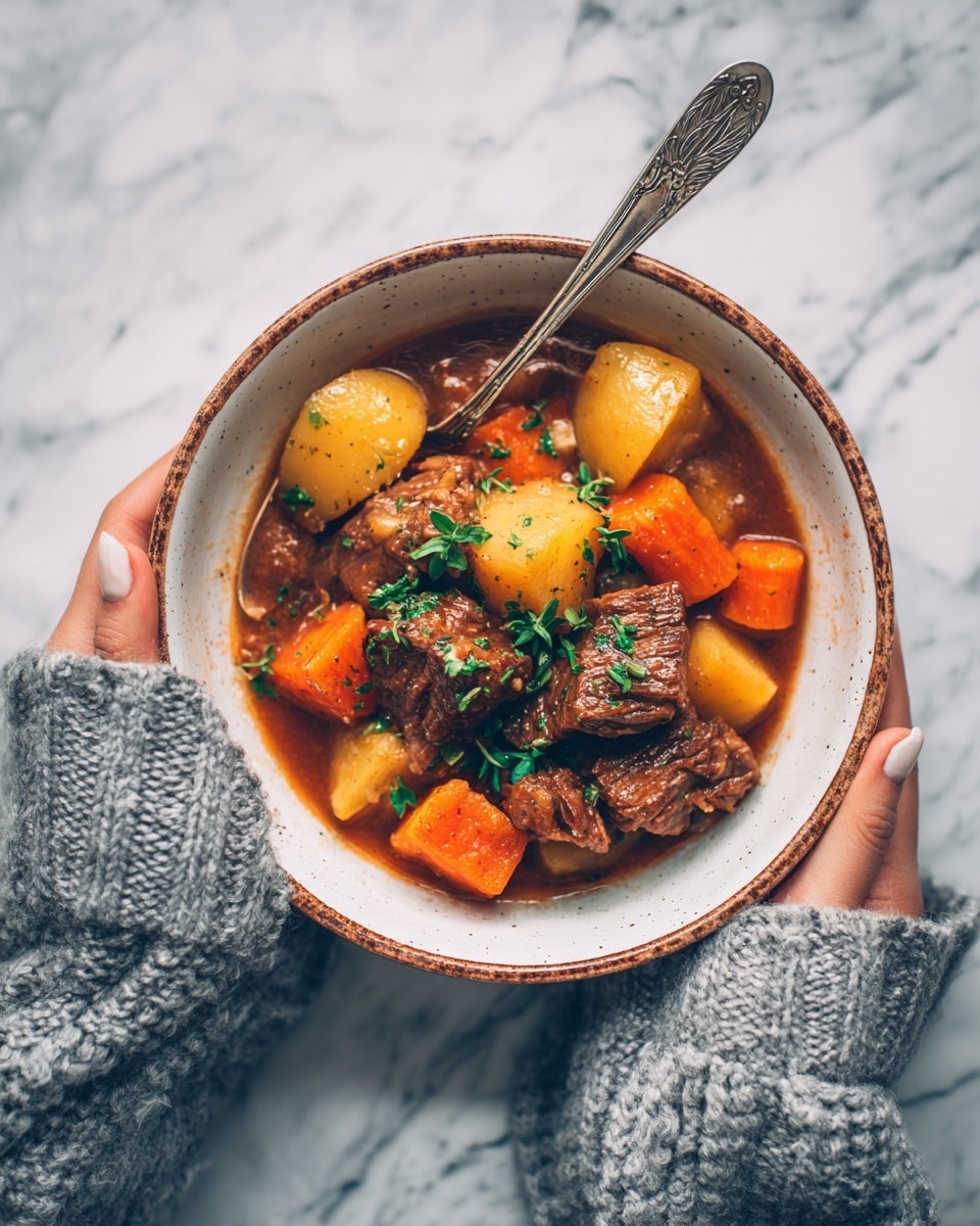 A woman’s hand holds a white bowl with a brown rim, filled with rich stew. The stew has three visible layers: the bottom is a thick brown sauce, the middle has large pieces of orange carrots and light yellow potatoes, and the top shows chunks of tender, browned meat scattered with small fresh green herb leaves. A vintage silver spoon rests inside the bowl on the left side. The bowl sits on a white marbled surface, and the woman wears a cozy grey knit sweater. Photo taken with an iphone --ar 4:5 --v 7