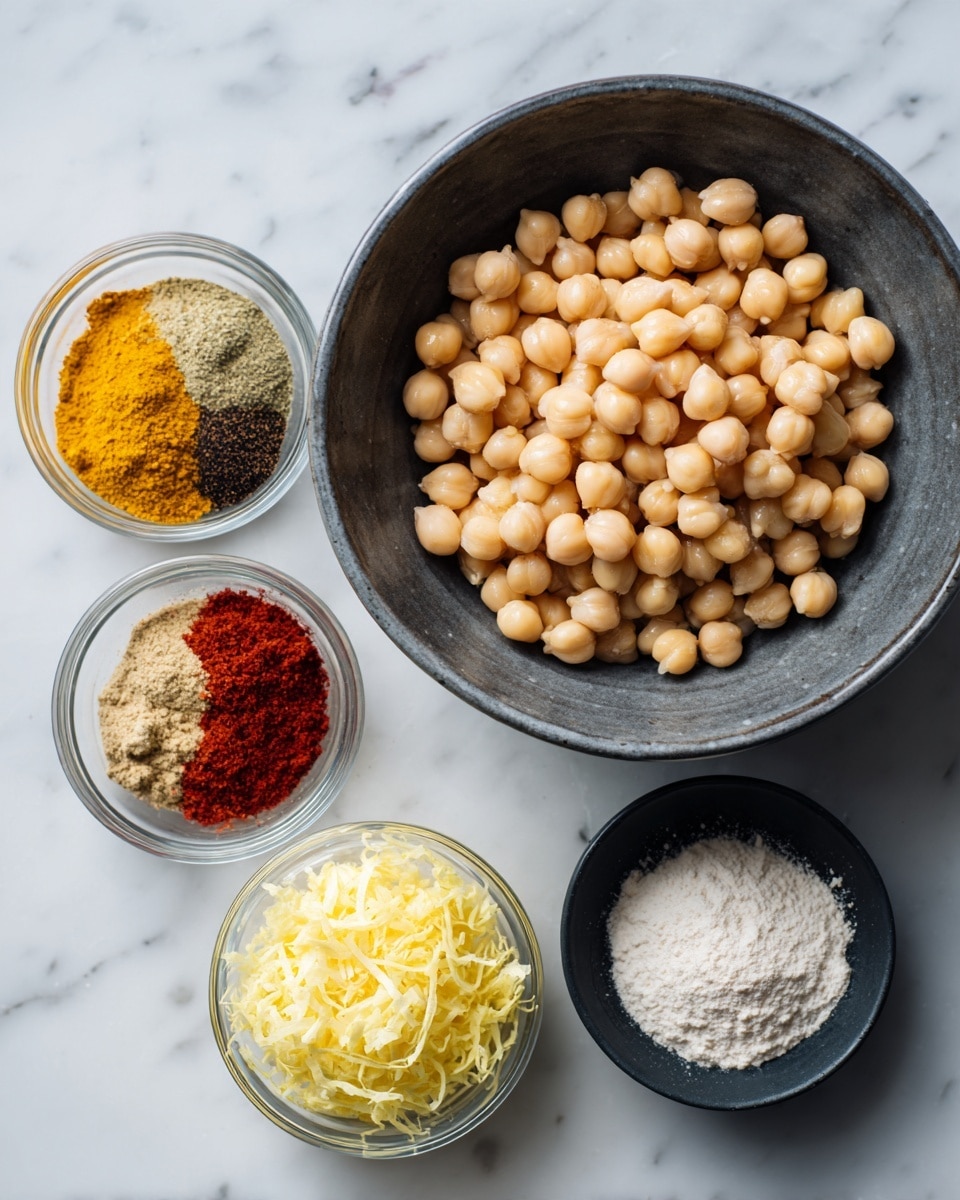 The image shows four bowls with ingredients on a white marbled surface. The largest bowl, dark gray, is filled with light beige chickpeas which have a smooth round texture and fill the bowl almost to the top. To the left below, there is a clear glass bowl containing six distinct piles of spices arranged side by side: bright yellow turmeric, coarse black pepper, light brown cumin, beige garlic powder, fine white salt, and vibrant red chili powder. Below this, there is a small clear glass bowl with shredded pale yellow lemon zest. To the right, a small black bowl holds a white powder, likely baking soda, with a soft texture. The photo is taken with an iphone --ar 4:5 --v 7