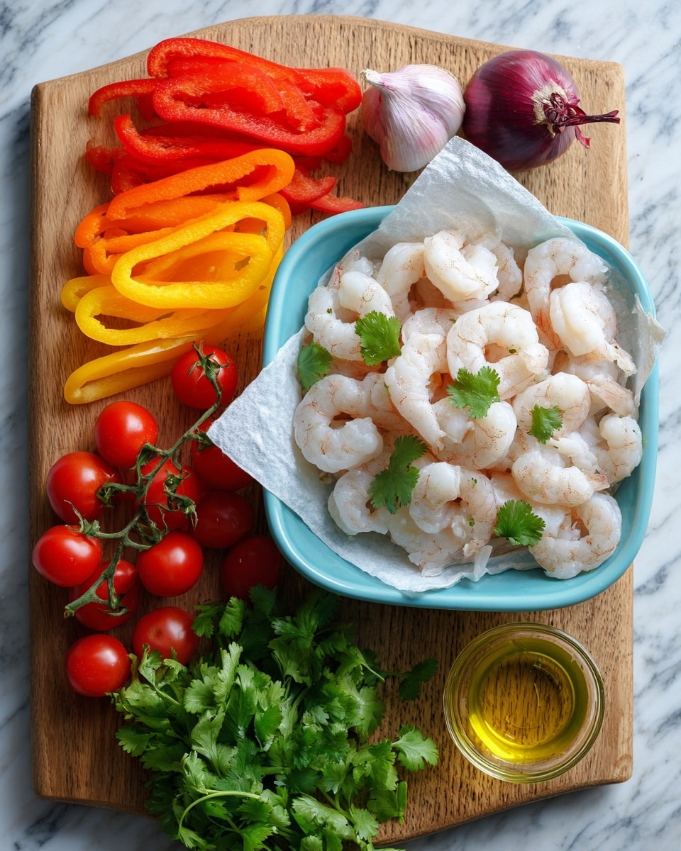 A light blue pan lined with white paper towels holds a pile of peeled, uncooked shrimp that are pale pink and white in color, with a few sprigs of bright green cilantro on top. The pan sits on a wooden cutting board with an irregular shape. On the left side of the cutting board, there are thin, round slices of red, orange, and yellow bell peppers arranged vertically in layers. Below the peppers, bright red cherry tomatoes are clustered together with green stems attached. Fresh cilantro leaves and long stems spread out on the white marbled surface around the cutting board, along with two cloves of garlic and one purple shallot. A small glass bowl filled with golden olive oil sits in the lower right corner of the image. photo taken with an iphone --ar 4:5 --v 7