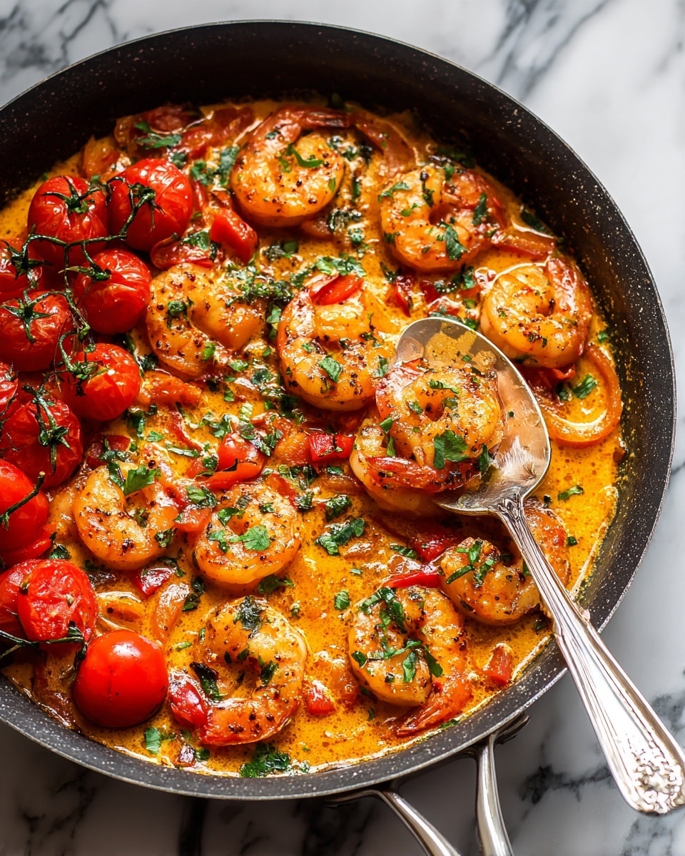 A close-up view of a pan filled with a rich orange sauce as the base layer, containing sliced yellow bell peppers and red pieces scattered throughout. On top of this sauce, there are many cooked shrimp with a light pink-orange color, evenly distributed. Bright red whole cherry tomatoes on the vine rest in one area of the pan. To one side, fresh green herbs add a splash of color. A silver spoon holds one shrimp near the center. The pan sits on a white marbled surface. Photo taken with an iphone --ar 4:5 --v 7