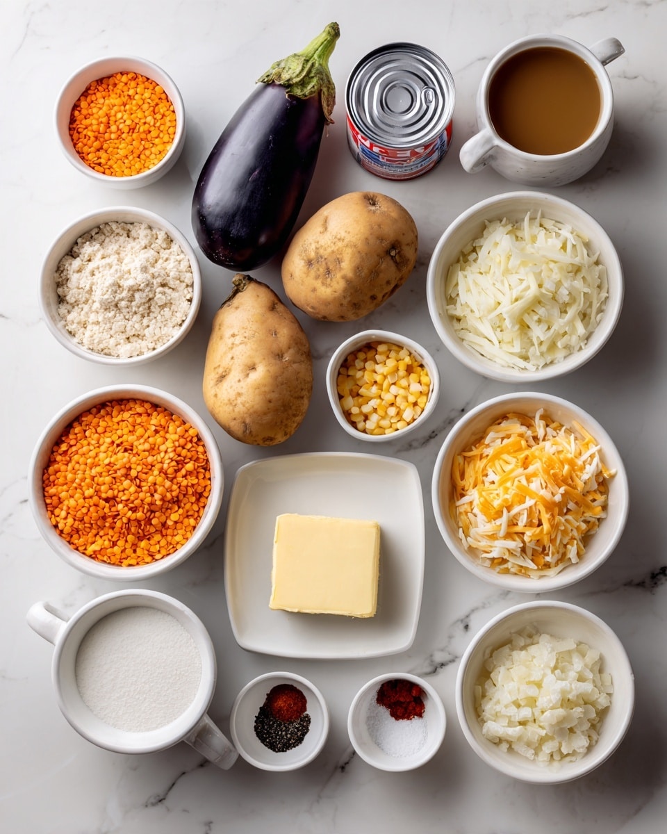 The image shows multiple white bowls and containers arranged neatly on a white marbled surface, each holding different ingredients for cooking. There are two whole dark purple eggplants placed side by side, two light brown potatoes, and a small white square dish with a pat of pale yellow butter. Surrounding these are various white round and square bowls filled with different items: bright orange lentils, a red can with a label, a brown liquid in a bowl, finely chopped white onions, shredded cheese, a cup of white milk, and small bowls with white flour, black pepper, salt, and a reddish paste, as well as minced yellow garlic. The setup is clean, organized, and ready for recipe preparation, photo taken with an iphone --ar 4:5 --v 7