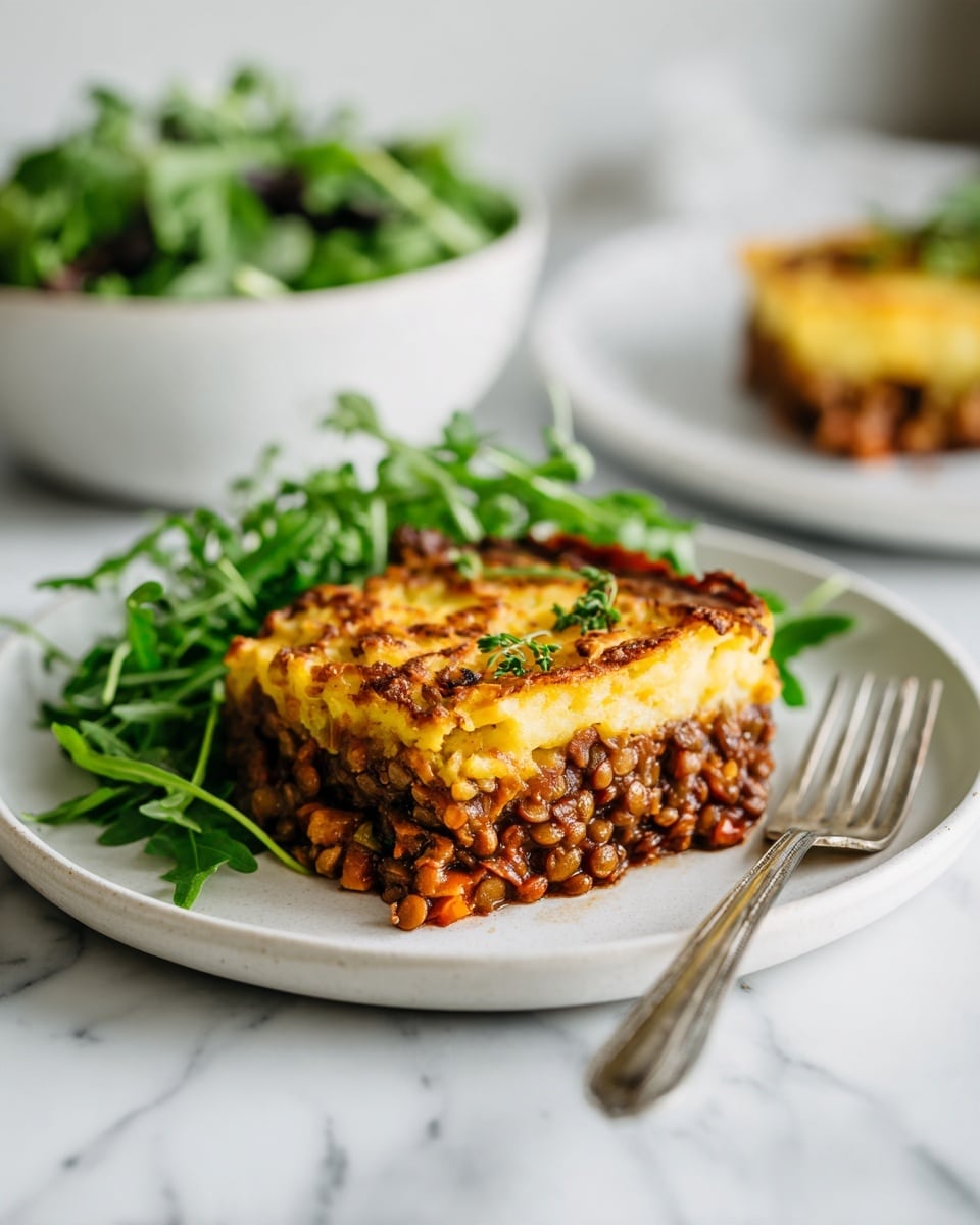 A white plate holds a layered dish with two main layers: the bottom layer is thick and dark reddish-brown with visible lentils and small vegetable pieces, showing a saucy texture, and the top layer is a fluffy, light yellow mash with a slightly browned, crumbly surface. To the left of the dish on the plate is a small bunch of fresh, green arugula leaves. A silver fork rests on the right edge of the plate. In the blurred background, a bowl with green salad is partially visible, all placed on a white marbled surface. photo taken with an iphone --ar 4:5 --v 7