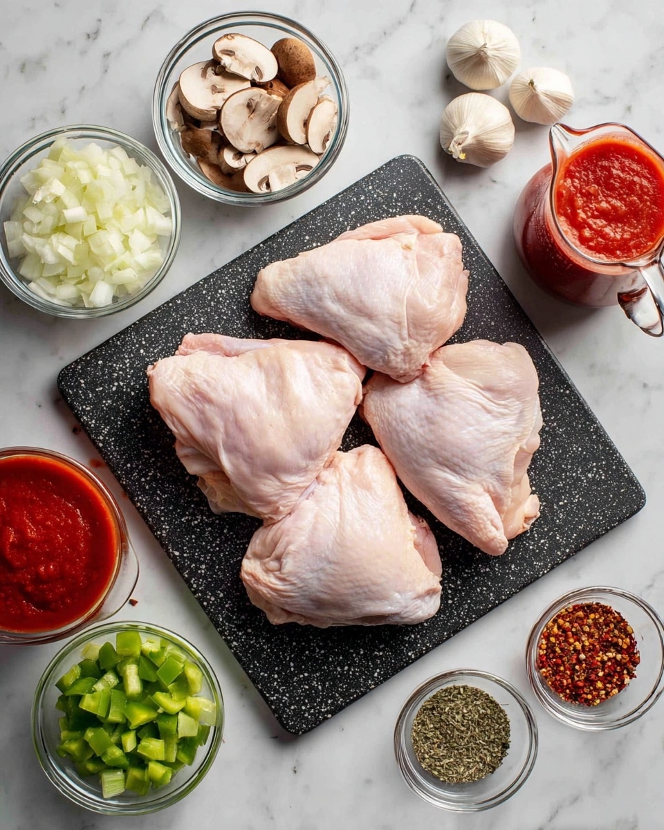 The image shows four raw pale pink chicken pieces placed evenly on a dark speckled cutting board in the center of a white marbled surface. Surrounding the board are small clear glass bowls with different ingredients: sliced brown mushrooms in the top middle, finely chopped white onions at the bottom left, diced green bell peppers at the left middle, a rich red tomato paste to the left top, and a measuring glass jug filled with vibrant red tomato sauce on the right. Smaller glass bowls hold ground black pepper, dried herbs, minced garlic, and red pepper flakes, each placed around the main ingredients in a neat arrangement. The overall scene is bright and clean, showing all components separated clearly. photo taken with an iphone --ar 4:5 --v 7