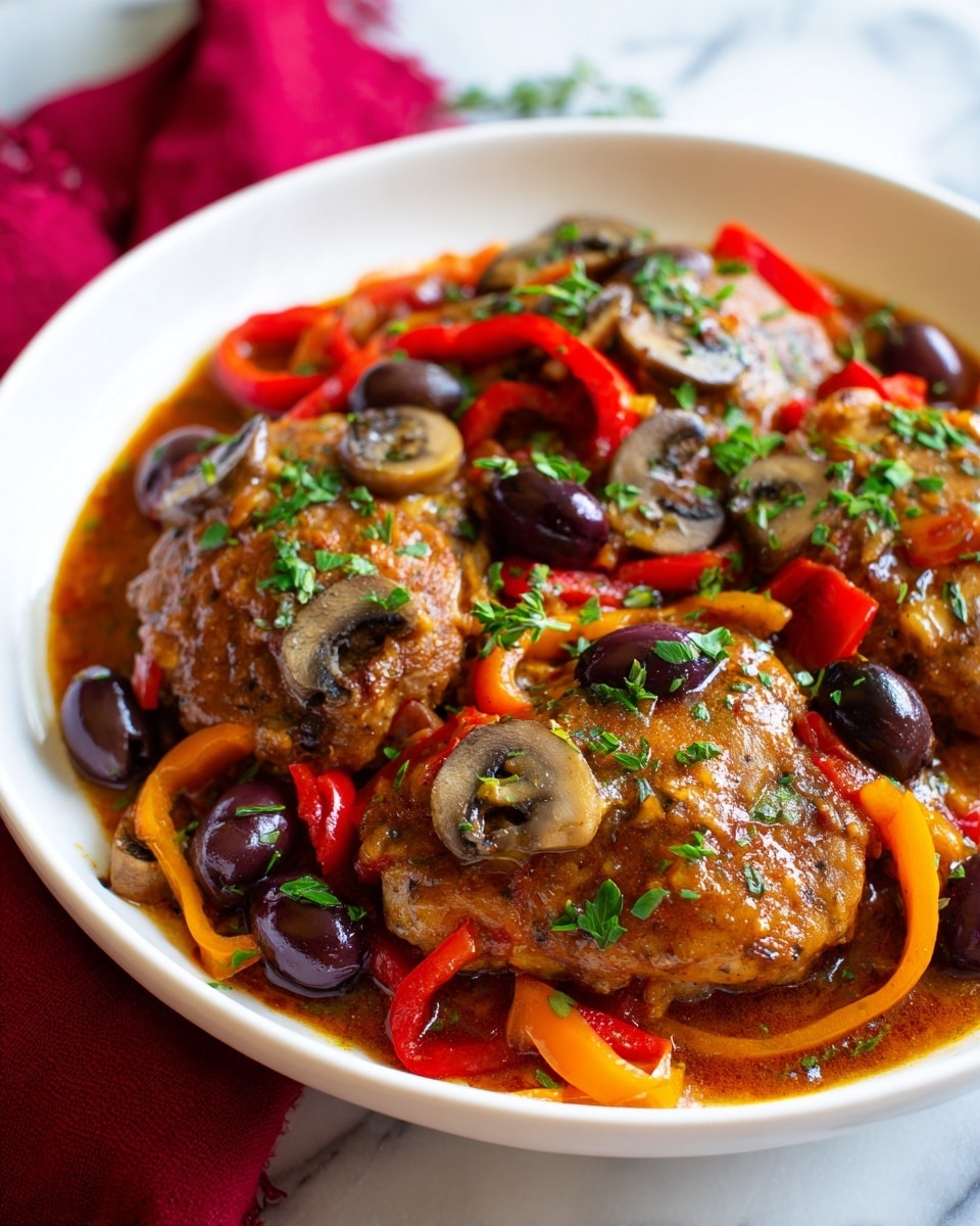 A close-up of a white bowl filled with a reddish-brown sauce that covers three light golden pieces of cooked meat at the center. The sauce contains dark purple olives, sliced mushrooms, small red and orange bell pepper strips, and bits of green herbs sprinkled on top for garnish. The bowl is placed on a white marbled surface next to a red cloth on the top left side. The dish looks warm and fresh, with the sauce slightly glossy and the meat tender. photo taken with an iphone --ar 4:5 --v 7