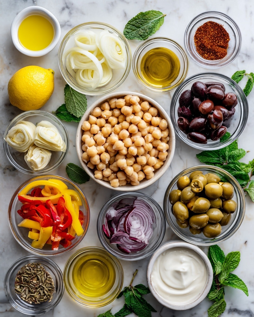 The image shows a white marbled surface with small clear glass bowls arranged neatly. In the center is a bowl full of light beige chickpeas. Around it are bowls of sliced white onion, yellow and red bell pepper strips, pale artichoke hearts, chopped garlic, sliced dark purple olives, and a small bowl with brown raisins. Two whole yellow lemons sit near the center, next to bowls of golden olive oil and small white dishes holding red and brown spices. There is also a container of white yogurt and several green mint leaves are placed around the bowls, adding fresh green color. photo taken with an iphone --ar 4:5 --v 7
