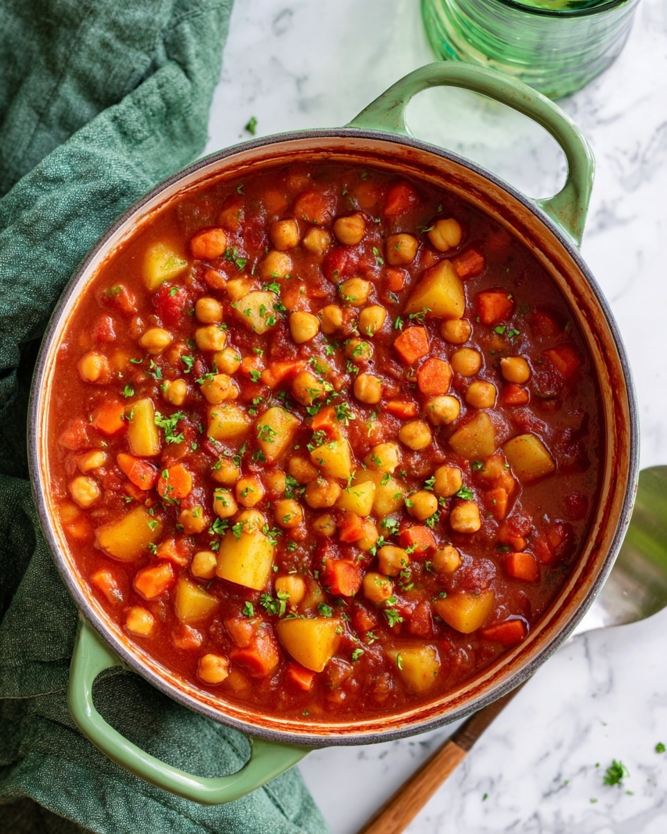 A green handled pot filled with thick reddish-brown stew that holds small round chickpeas, small diced orange carrots, and tiny cubed yellow potatoes with bits of fresh green parsley sprinkled on top in three small bunches, sitting on a white marbled surface with a green cloth folded beside it and a green glass partially showing in the top left corner photo taken with an iphone --ar 4:5 --v 7