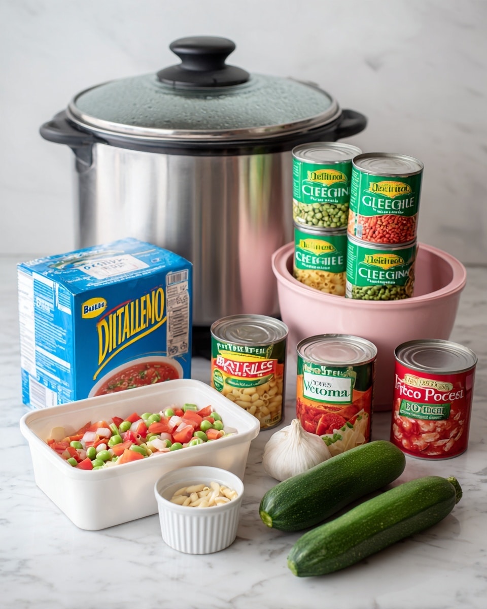 The image shows an arrangement of ingredients and kitchen tools on a white marbled countertop. At the back, there is a stainless steel crockpot with a glass lid, and next to it on the right side is a light pink mixing bowl. In front of the crockpot, there are five cans: two green cans of Del Monte cut green beans stacked on each other, one white can of Great Value cannellini beans, two Publix diced tomato cans, and one colorful Tuttorosso tomato sauce can. On the left side, there is a blue box of Barilla ditalini pasta. In front of the cans, there is a white plastic container with chopped mixed vegetables, two whole green zucchinis, and a whole garlic bulb. A small white ramekin is placed between the vegetables and cans. photo taken with an iphone --ar 4:5 --v 7