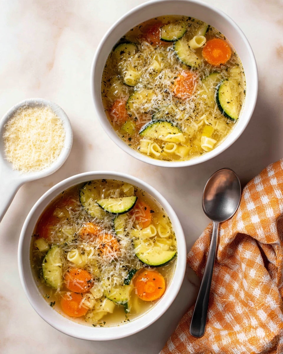Two white bowls filled with vegetable soup, each bowl showing clear broth with visible layers of green zucchini slices, orange carrot rounds, yellow pasta pieces, and small white pasta tubes, topped with a sprinkling of grated cheese and herbs. The bowls are placed on a white marbled surface next to a white ceramic spoon filled with grated cheese and an orange and white checked cloth. The texture of the soup looks warm and comforting with slightly chunky vegetables. Photo taken with an iphone --ar 4:5 --v 7